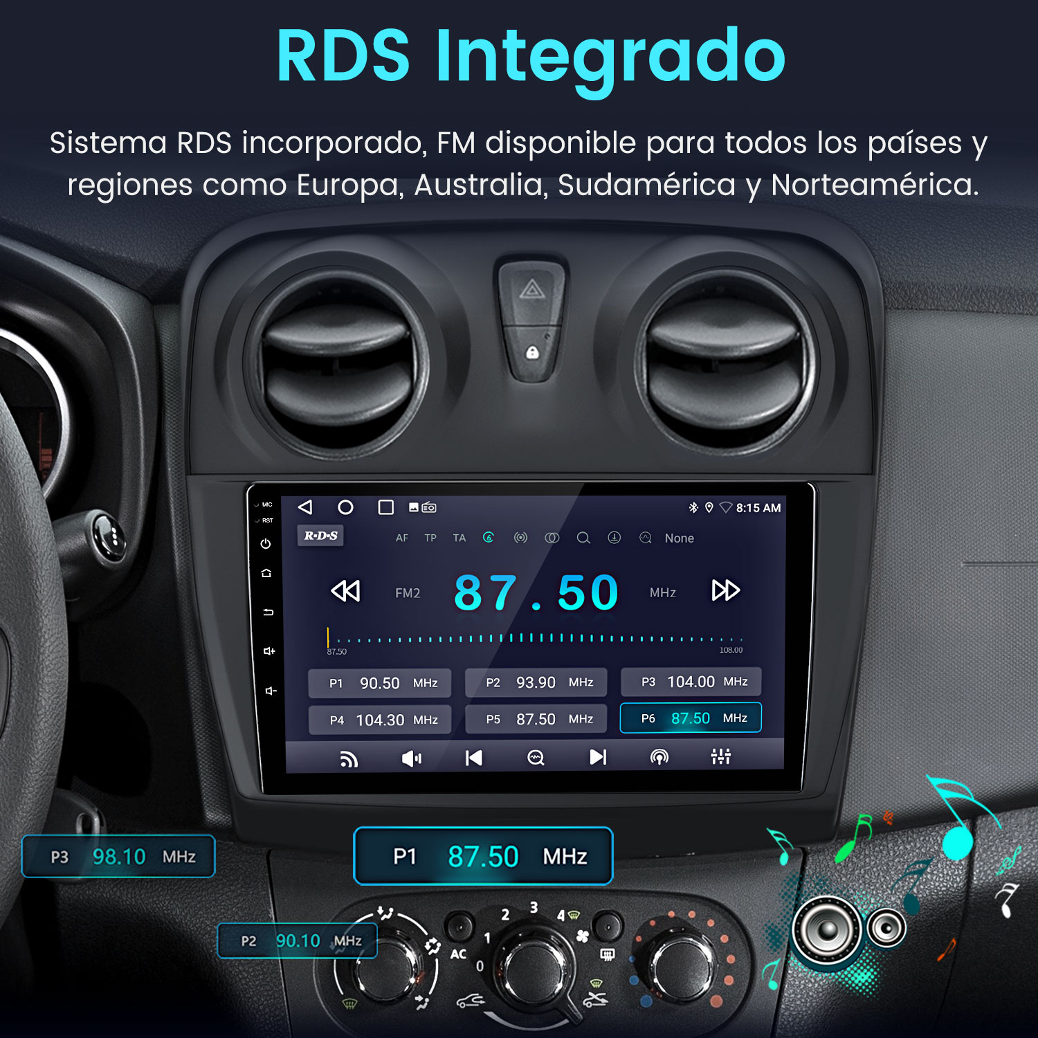 Pantalla de radio del coche mostrando la frecuencia FM 87.50 MHz, rodeada de controles y rejillas de ventilación, con salpicadero.