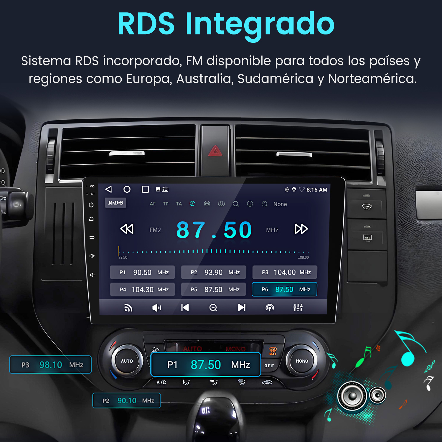 Pantalla de radio del coche mostrando la frecuencia FM 87.50 MHz. Botones de control de audio y ajustes del coche visibles. Texto RDS Integrado arriba.