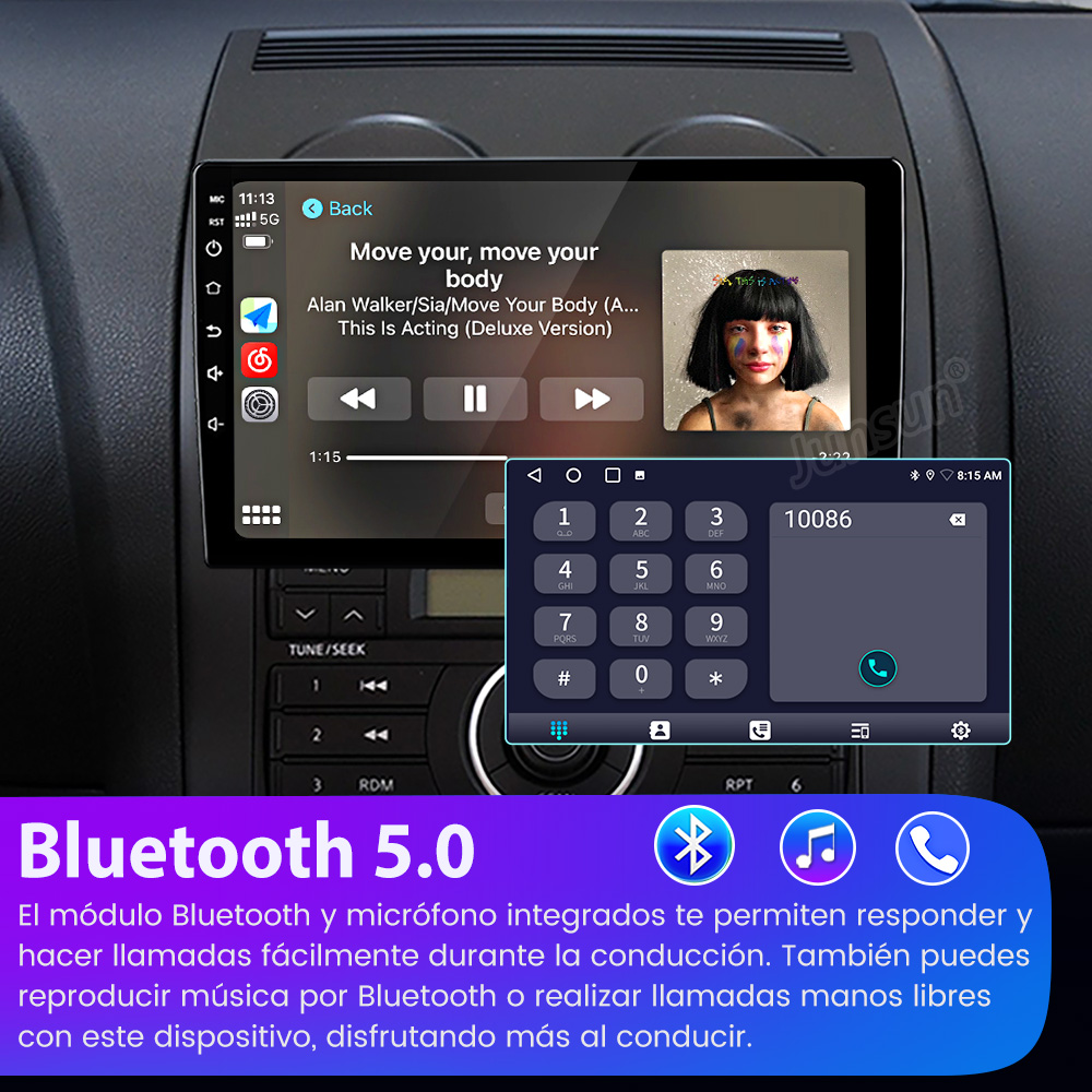 Pantalla de radio del coche que muestra música y un marcador telefónico. Bluetooth 5.0 se anuncia en la parte inferior.