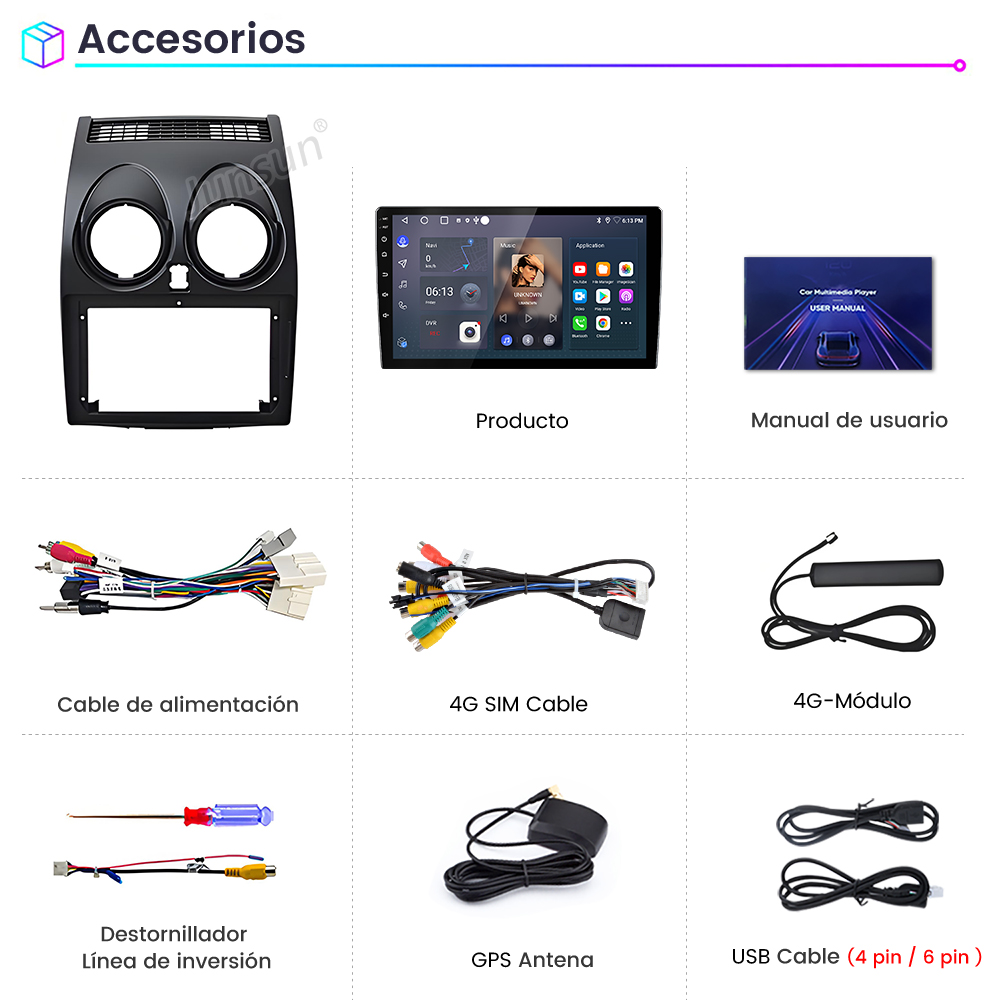La imagen muestra accesorios para el coche: una pantalla, cables, un destornillador, una antena y un manual de usuario. Todos los elementos están sobre fondo blanco.