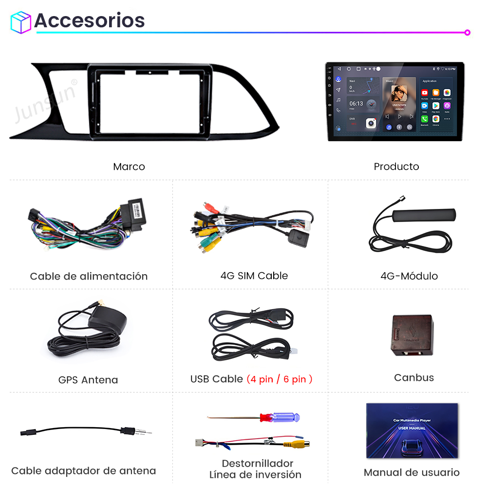 Accesorios para automóvil, incluyendo una pantalla, cables, antena, destornillador y manual de usuario, se muestran sobre un fondo blanco.
