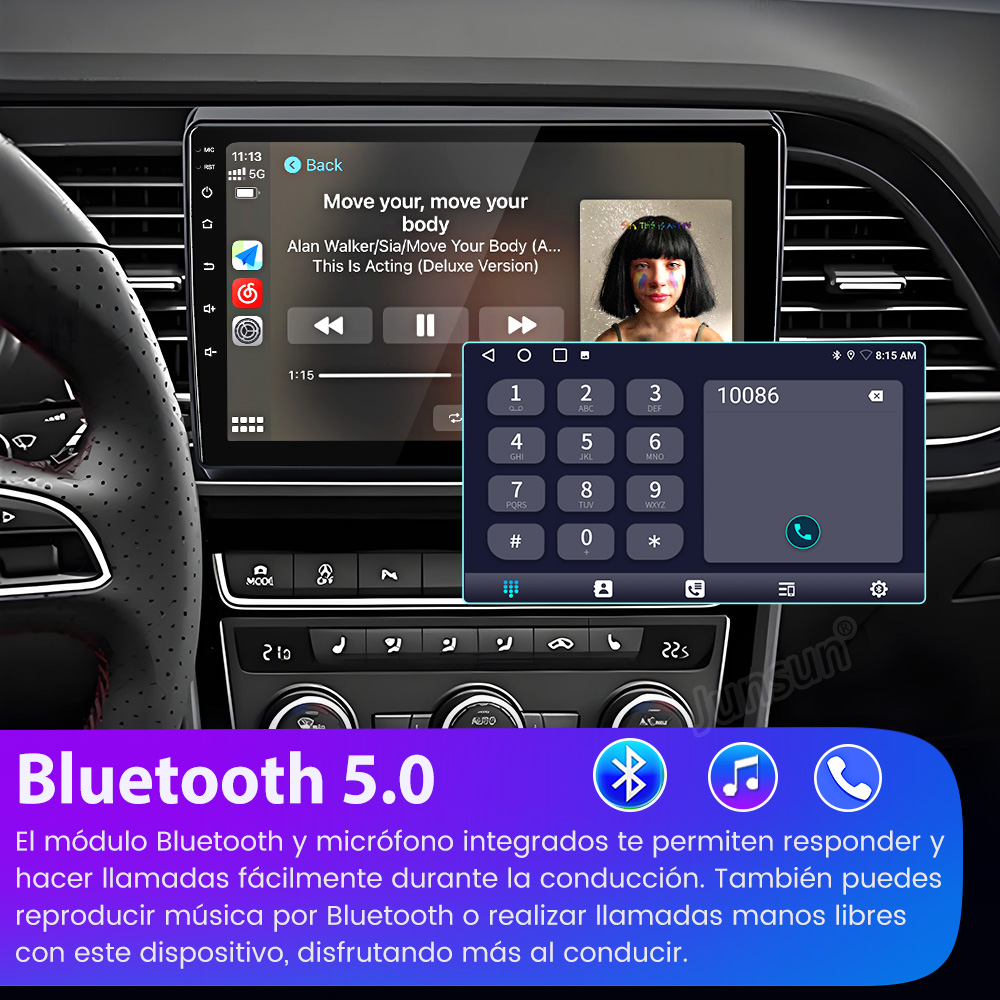 Panel del coche mostrando reproductor de música y marcador telefónico. Logotipo Bluetooth 5.0 abajo.