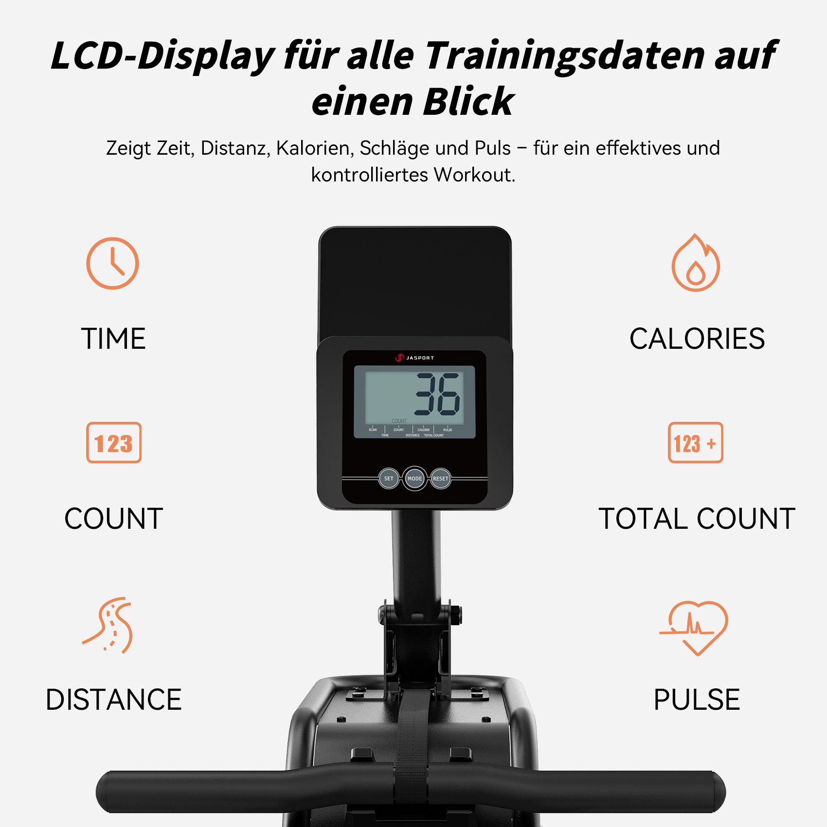 Das Display einer Fitnessmaschine zeigt Zeit, Kalorien, Zählung, Distanz und Puls. Der Bildschirm zeigt die Zahl 36.