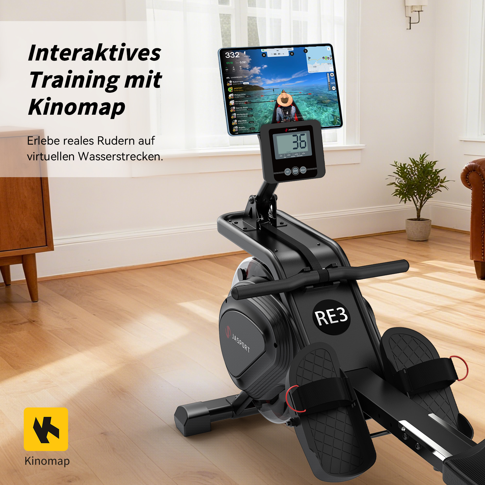 Schwarzes Rudergerät mit Tablet, das eine Wasserszene zeigt. Text: 'Interaktives Training mit Kinomap'.