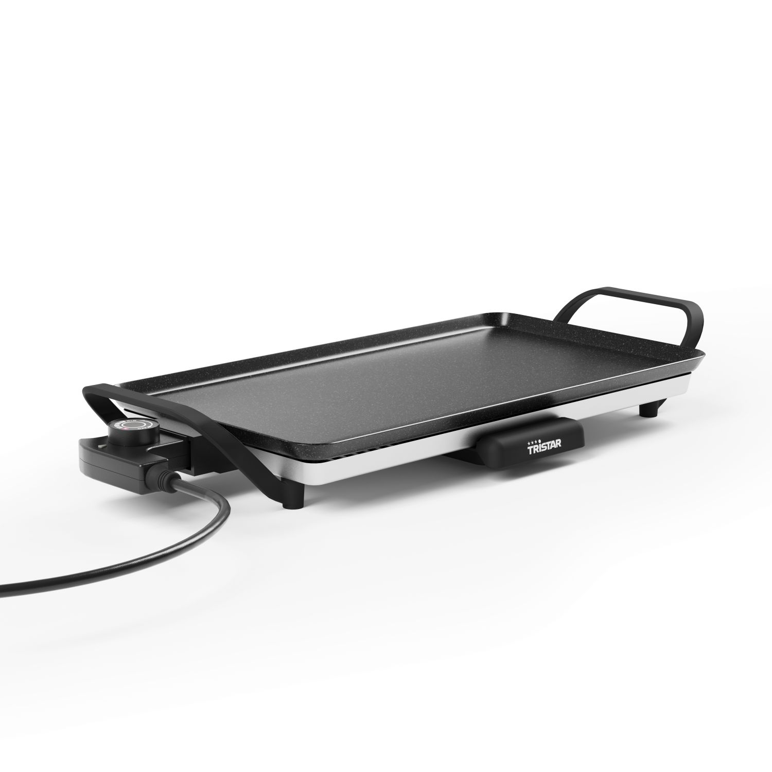 A rectangular Tristar electric grill with black cooking surface and handles, white and silver frame. A black power cord is visible.