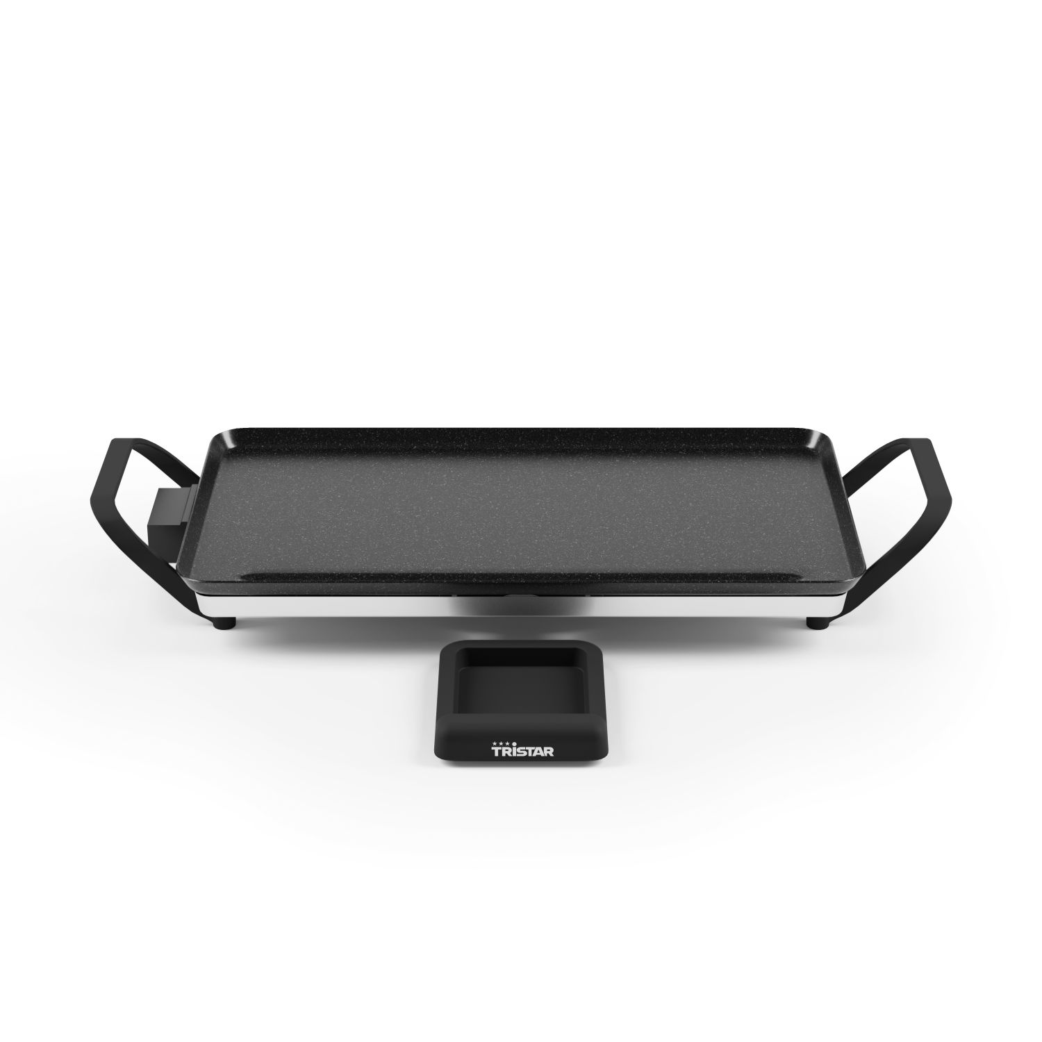 A Tristar electric griddle. It has a black cooking surface, black handles, and a black base, along with a black drip tray.