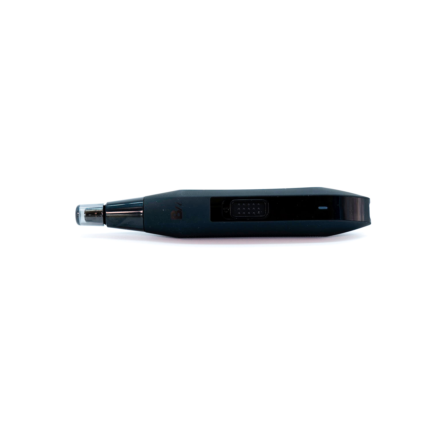 Un dispositivo electrónico negro sobre fondo blanco. El dispositivo tiene un extremo cilíndrico y un cuerpo rectangular.