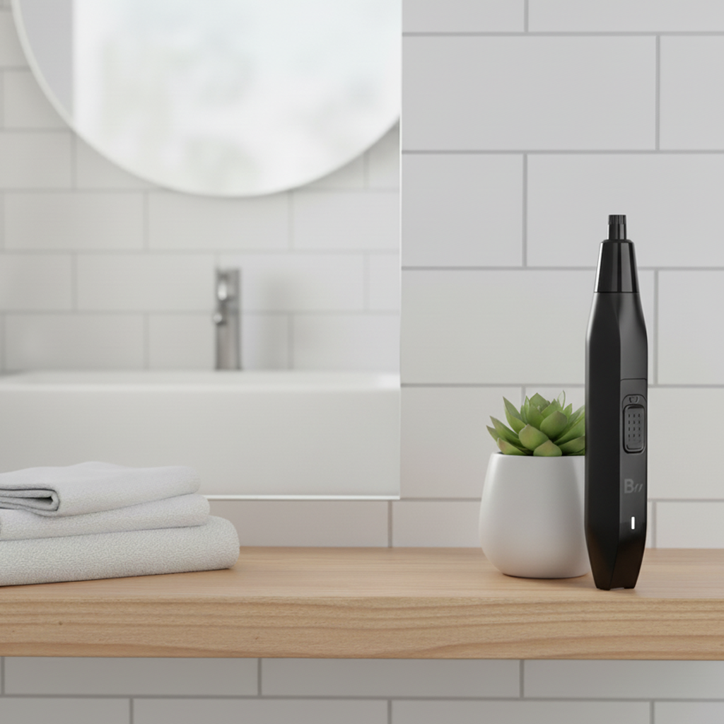 Una escena de baño muestra un recortador de vello nasal negro, una planta y toallas dobladas en un estante de madera. Un espejo y un lavabo están al fondo.