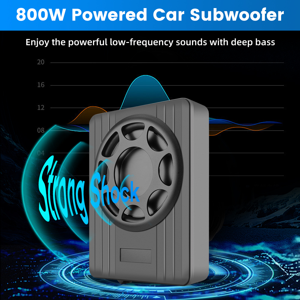 Se muestra un subwoofer de coche gris con un altavoz circular. El texto dice 'Strong Shock'. Un gráfico de ondas azul y naranja está en el fondo.