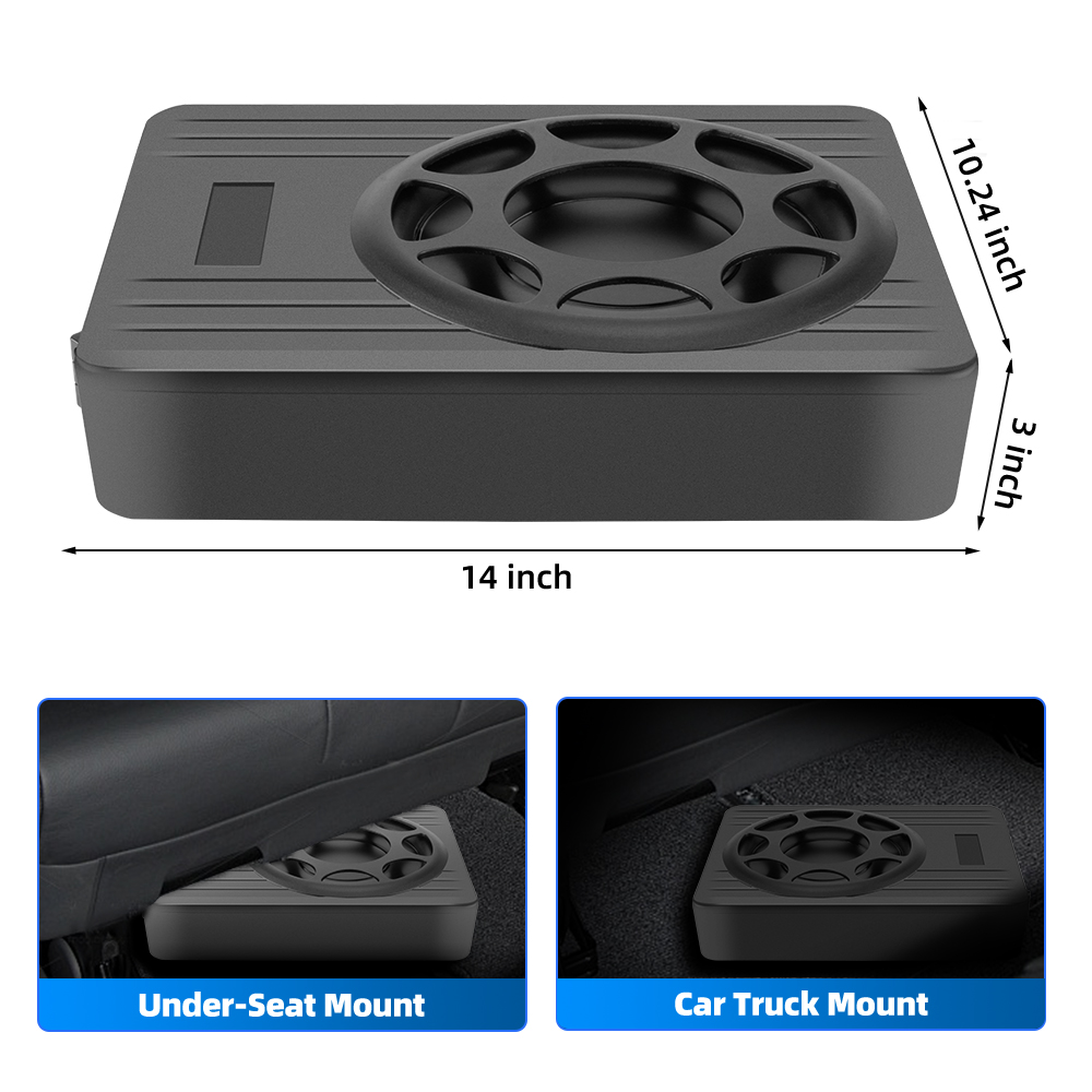 Subwoofer negro para coche con dimensiones: 14x10,24x3 pulgadas. Muestra opciones de montaje bajo asiento y camión.