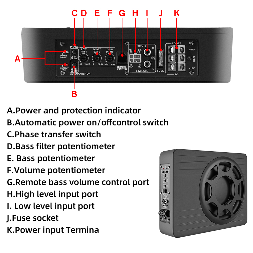 Amplificador negro con varios puertos e interruptores etiquetados, incluyendo controles de encendido, fase y entrada, y un subwoofer.