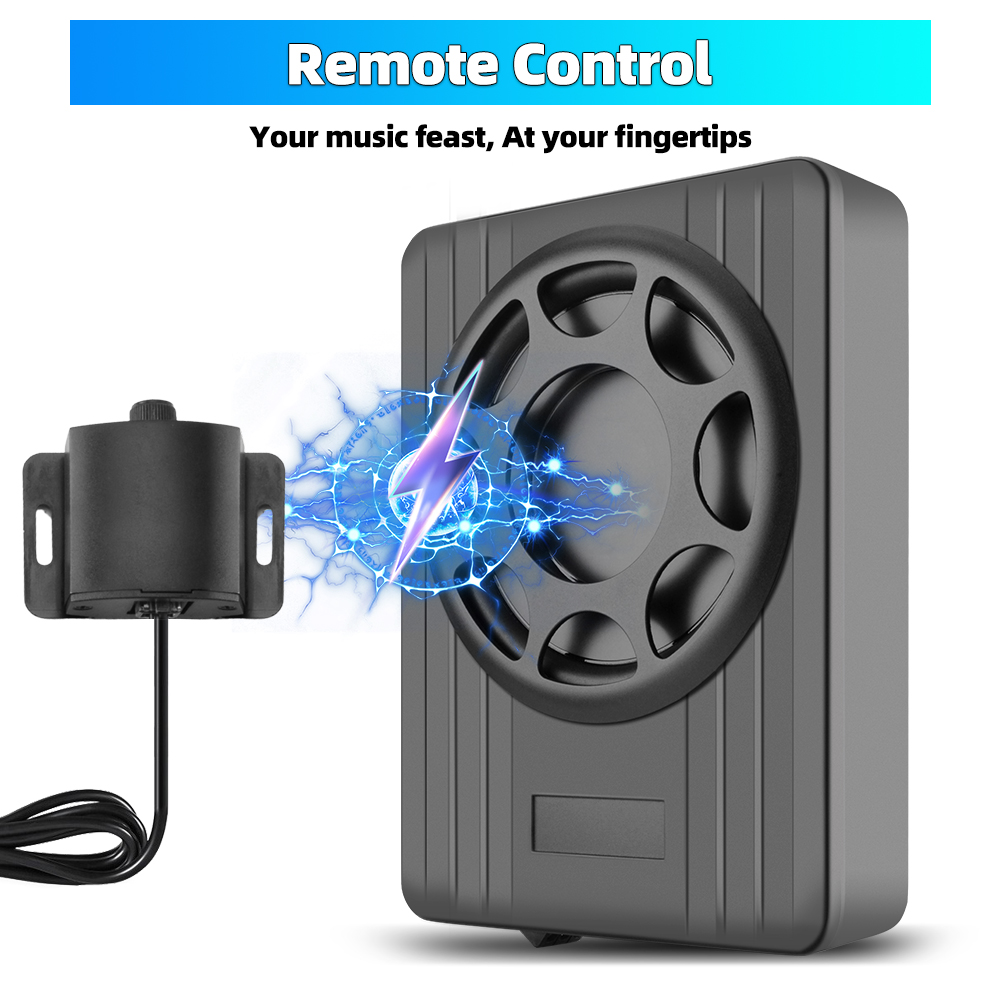La imagen muestra un altavoz negro con mando a distancia, efecto de rayo azul y el texto 'Remote Control'.
