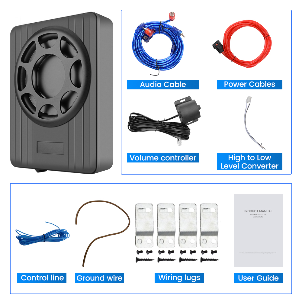 Imagen muestra componentes sistema de audio para coche: subwoofer, cables, control volumen, cableado y guía del usuario.
