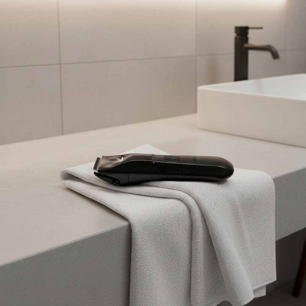 Un tagliacapelli nero poggia su un asciugamano bianco su un piano chiaro. Sullo sfondo un rubinetto e un lavandino.