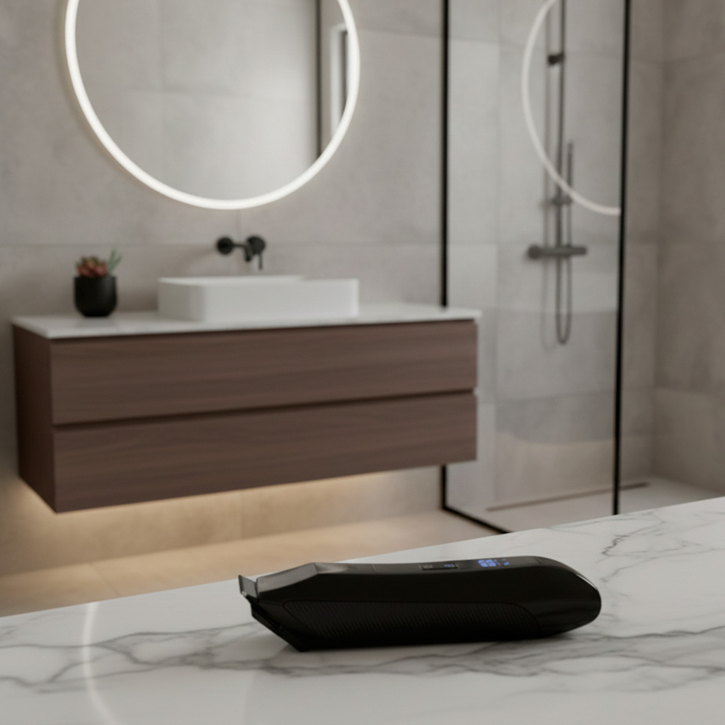 Un baño moderno con una afeitadora eléctrica negra sobre una encimera de mármol. Un mueble de madera con lavabo blanco y espejo circular.