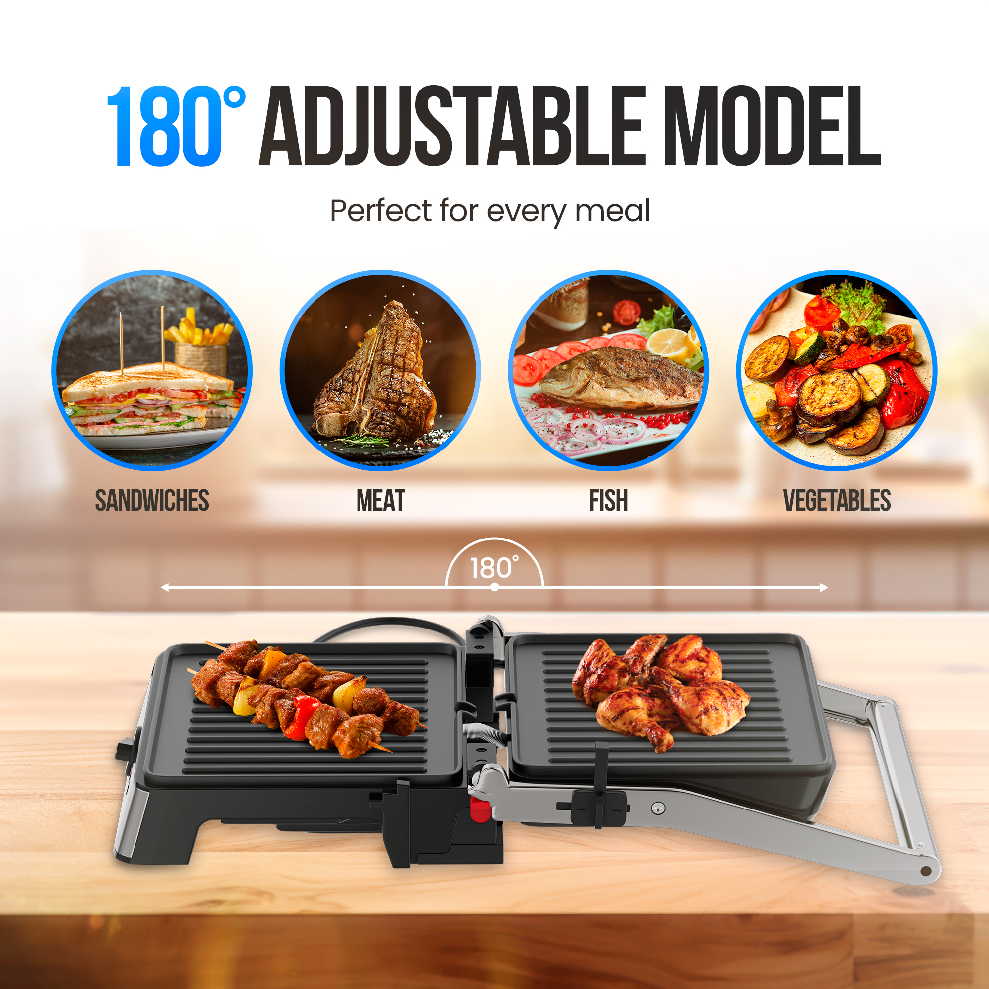 A grill with food samples: sandwiches, meat, fish, and vegetables. The grill is open with kebabs and chicken on it.
