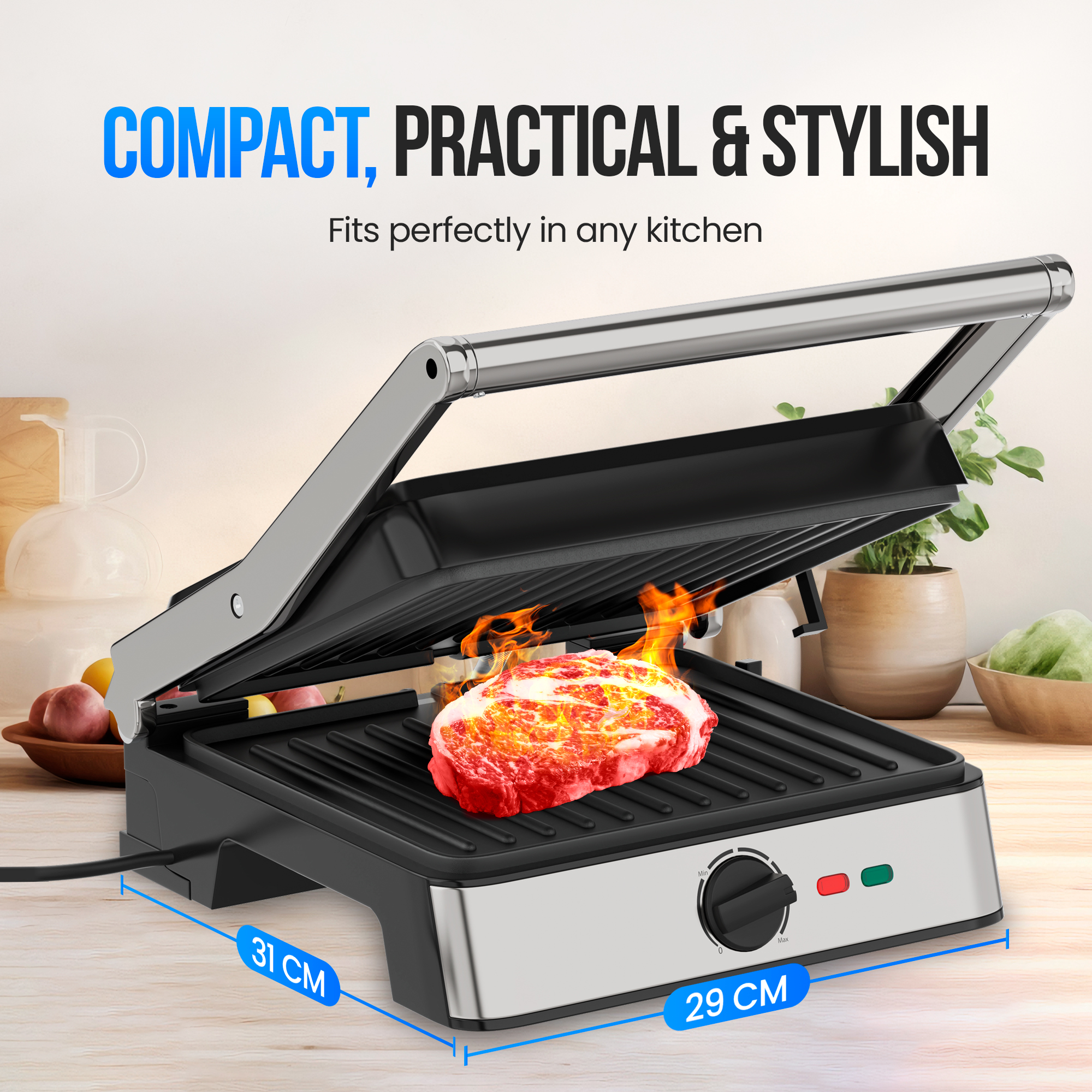 A grilling machine with a steak on it. It has a handle, a black grill surface, and a control knob.