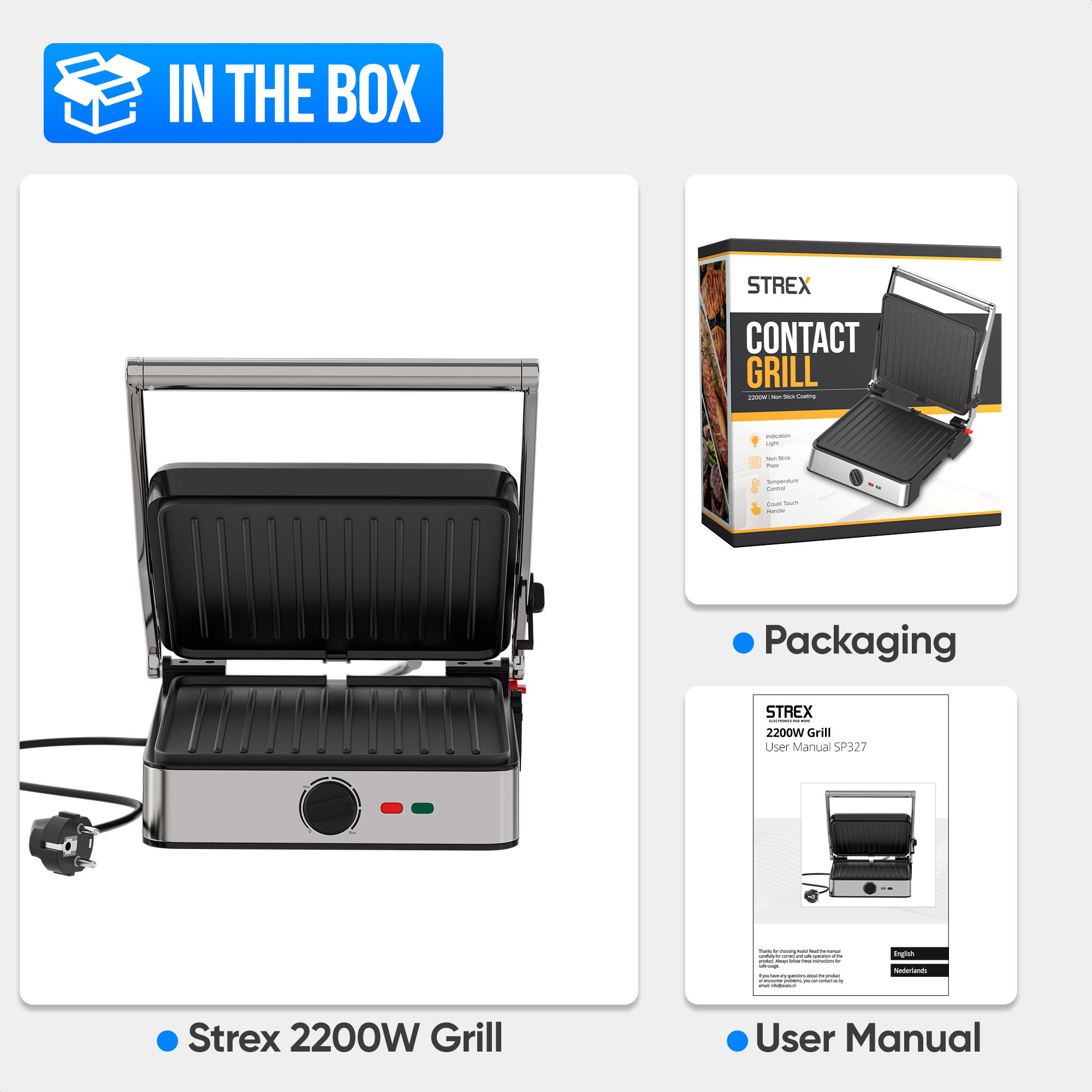 The image shows a Strex 2200W grill, its packaging, and user manual. The grill is open, showing the cooking plates.