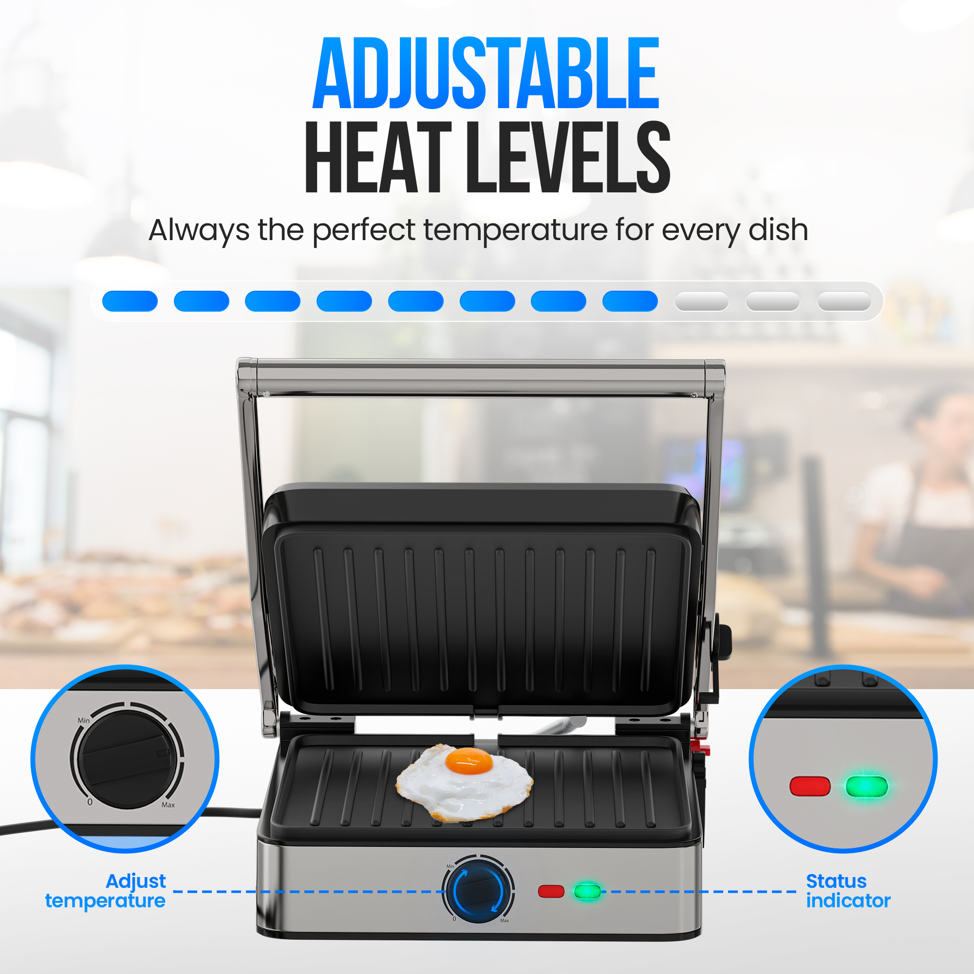 An open grill with an egg, temperature dial, and indicator lights. Text reads 'Adjustable Heat Levels'.