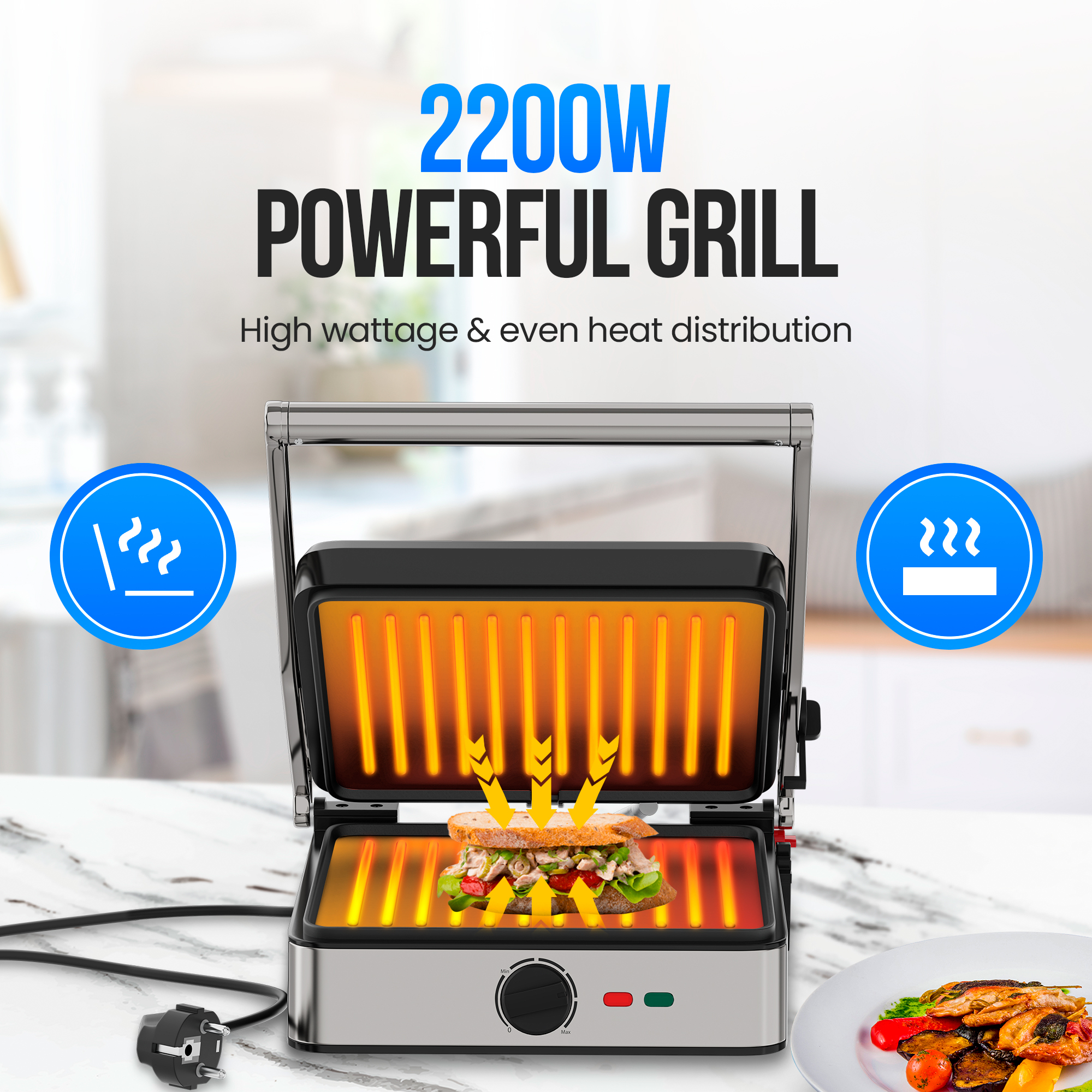 A powerful grill with a sandwich inside. It has a black top and silver base. There are two plates of cooked food.