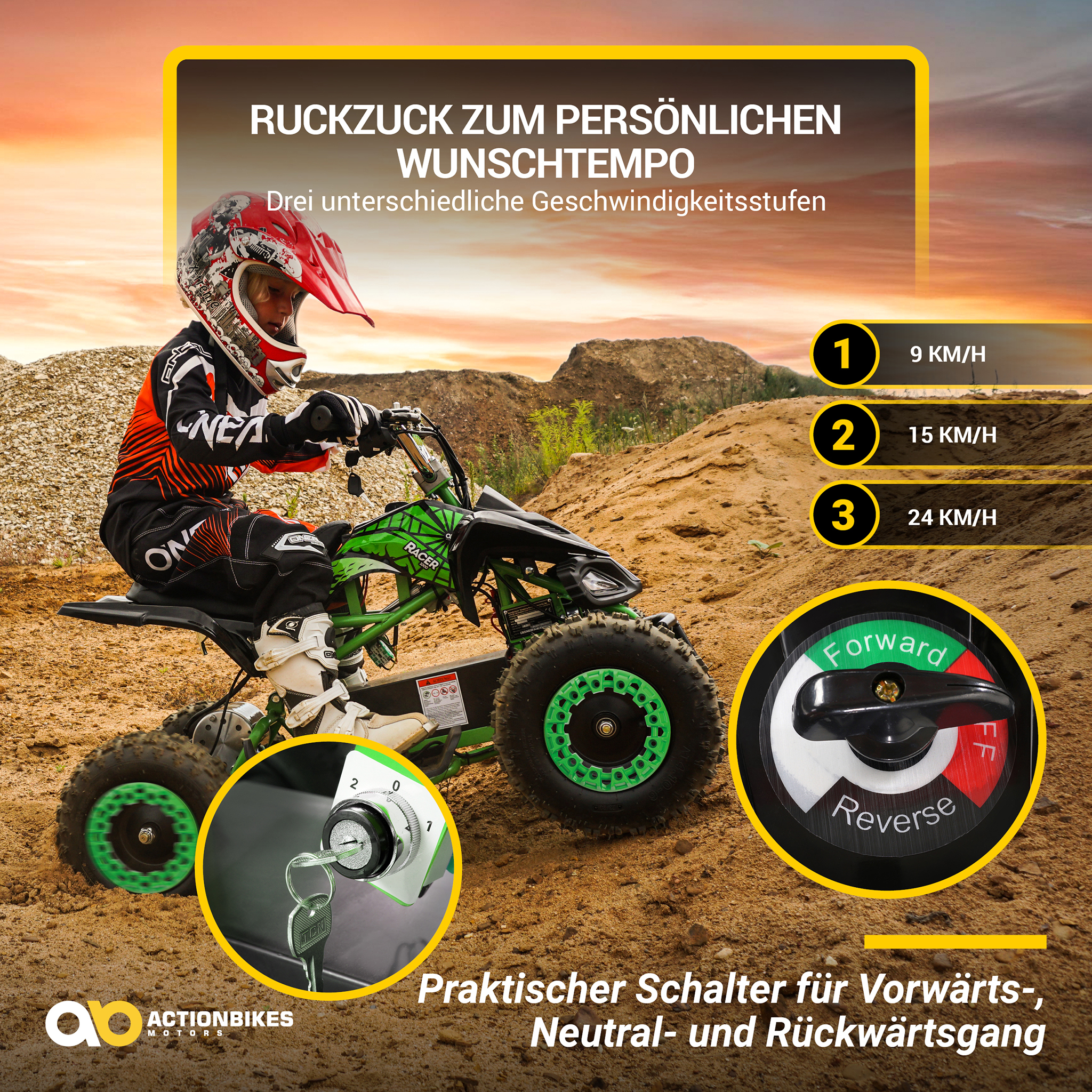 Kind auf grünem ATV. Geschwindigkeitsoptionen werden angezeigt. Das ATV hat Vorwärts- und Rückwärtseinstellungen.