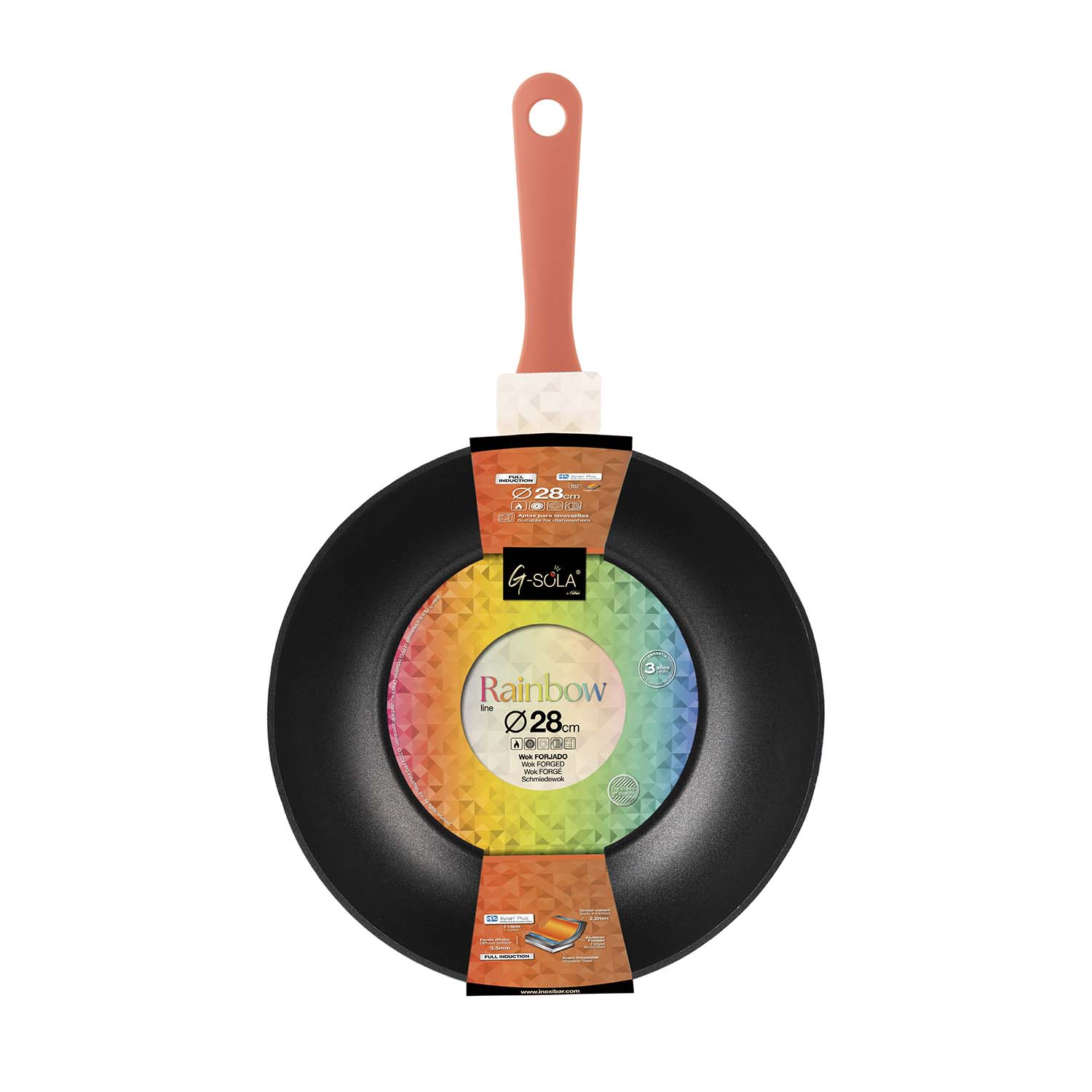 Un wok negro con mango naranja. La sartén tiene una etiqueta con los colores del arcoíris y la marca 'G-SOLA' es visible.