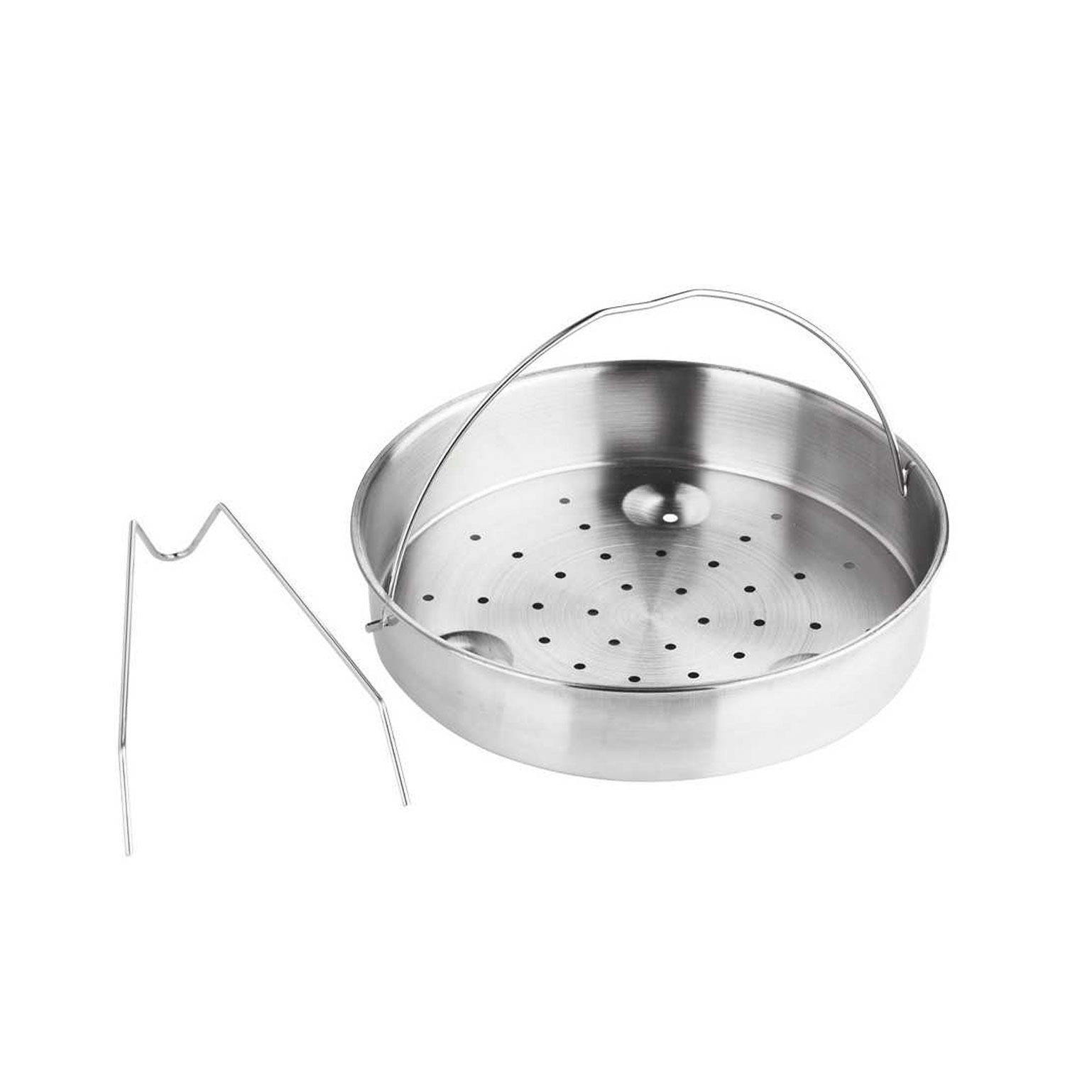Una cesta de vapor de acero inoxidable con asa y soporte, todo sobre un fondo blanco.