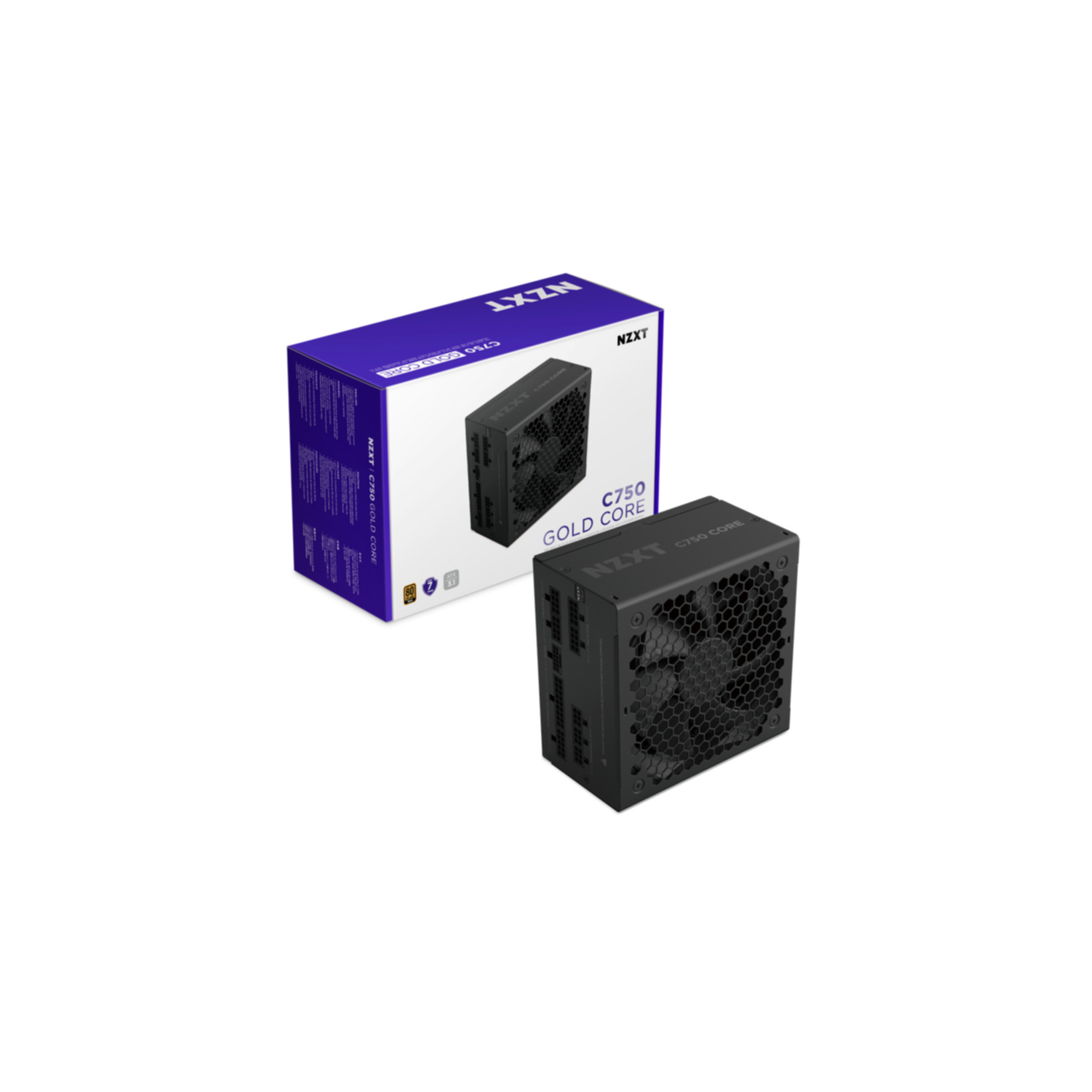 Image shows an NZXT C750 Gold Core power supply unit. A box with the same product is also in the image.