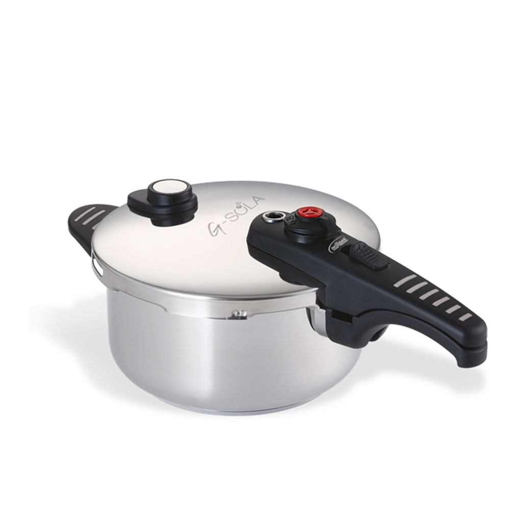 Una olla a presión de acero inoxidable con asa negra y perilla roja. La marca 'G-SOLA' es visible en la tapa.