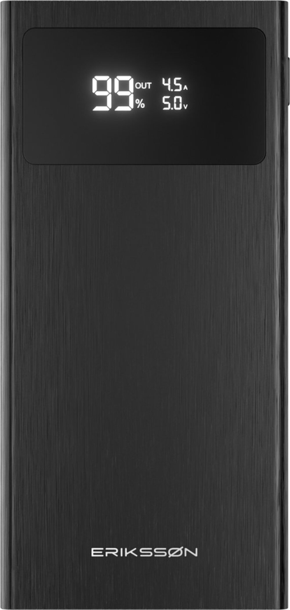 Zwarte powerbank met digitaal display met 99%, out 4.5A en 5.0V. Het merk is Eriksson.