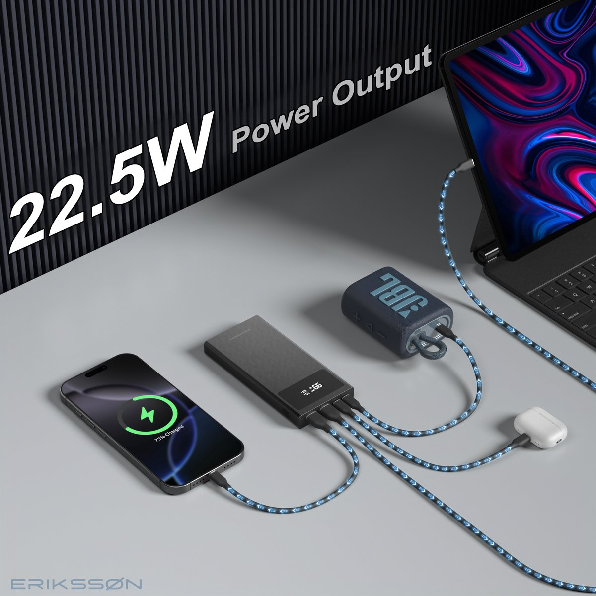 Een telefoon, een laptop en een JBL-luidspreker worden opgeladen via een powerbank. De telefoon toont 75% opgeladen. Kabels hebben blauwe pijlen.