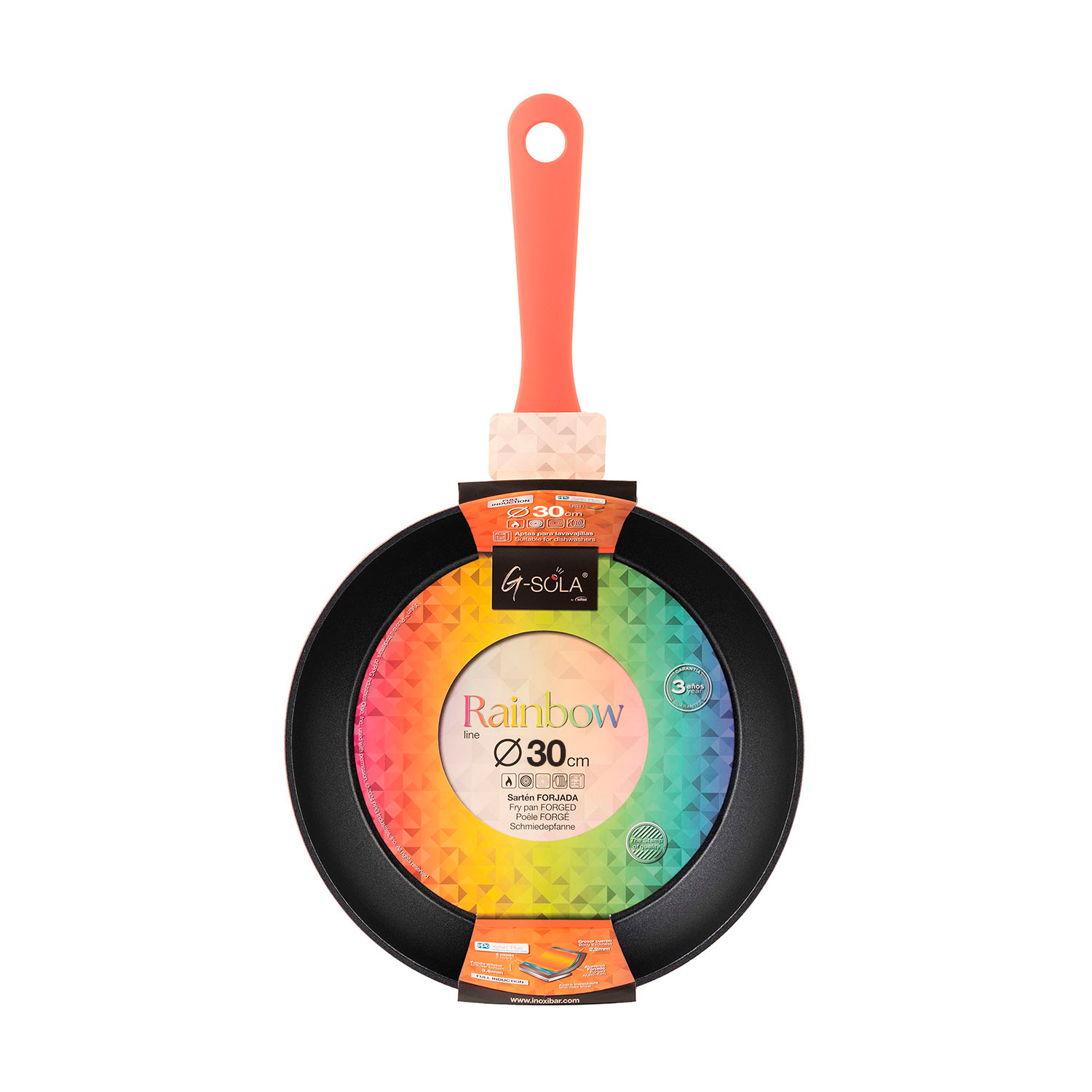 Una sartén con mango naranja. La sartén es negra con un diseño de arcoíris colorido en el centro. Tiene una etiqueta con texto.
