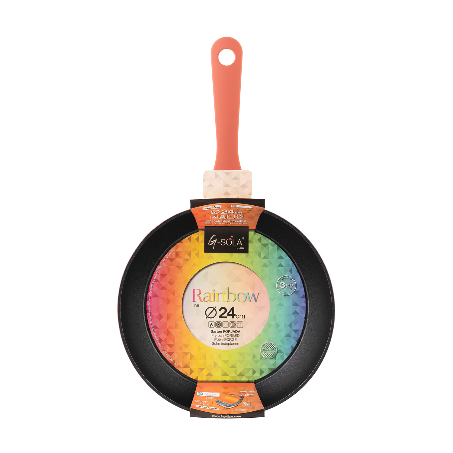 Una sartén con mango naranja. La sartén es negra con un diseño de arcoíris colorido en el centro, y la marca es visible.