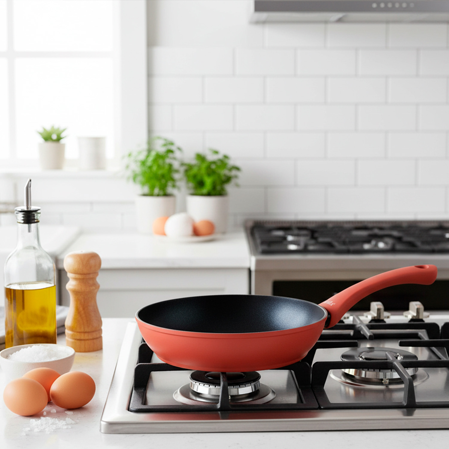 Una sartén roja en una estufa, con huevos, sal, aceite y hierbas. Una escena de cocina con pared de ladrillos blancos y ventana.