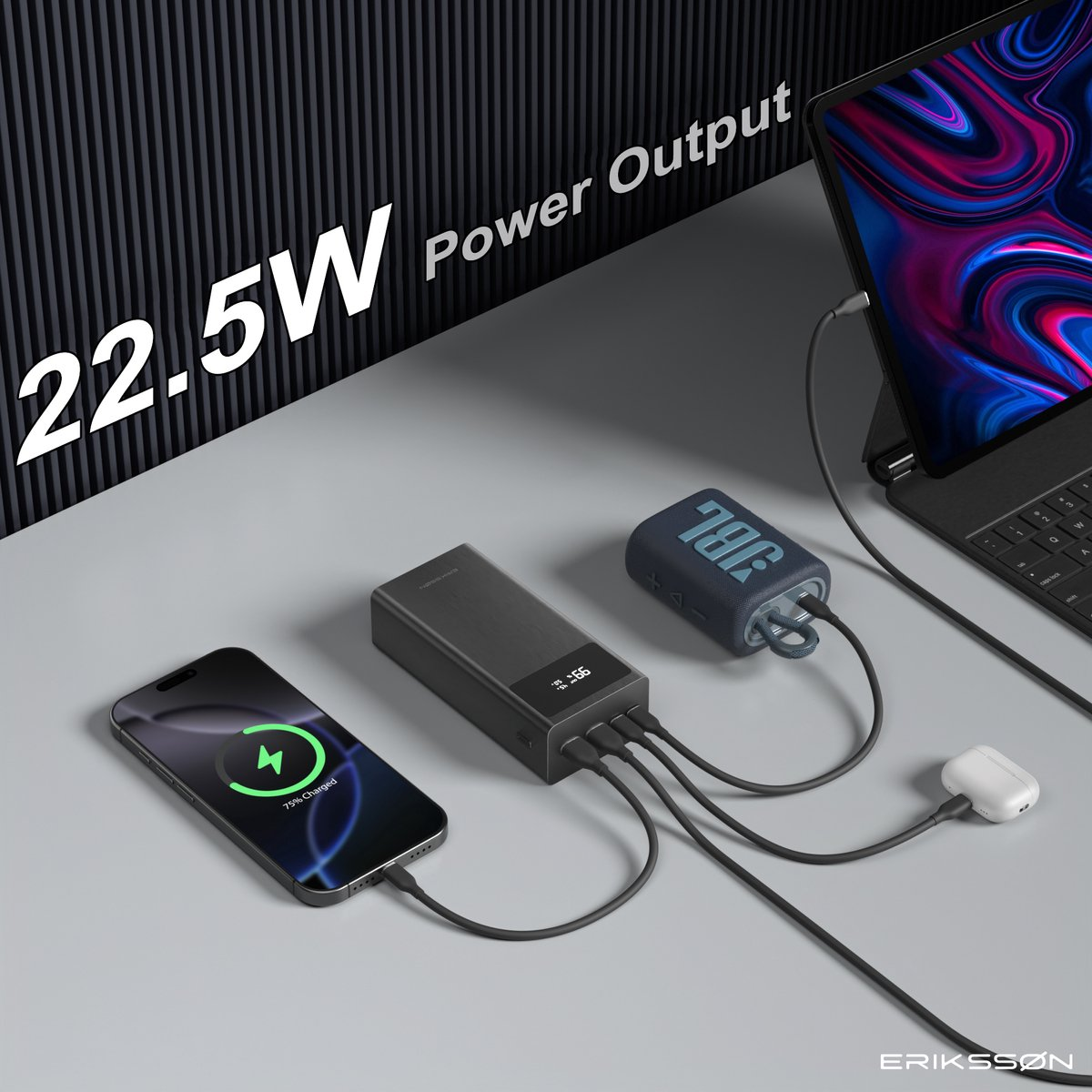 A phone charging, showing 75% charged, alongside a power bank, a JBL speaker, a laptop, and ear pods, all connected.