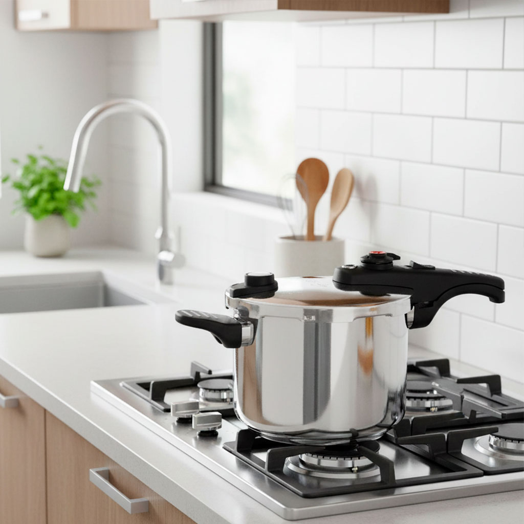 Una olla a presión de acero inoxidable está sobre una estufa de gas en una cocina. Utensilios de madera y una planta están cerca. Azulejos blancos al fondo.