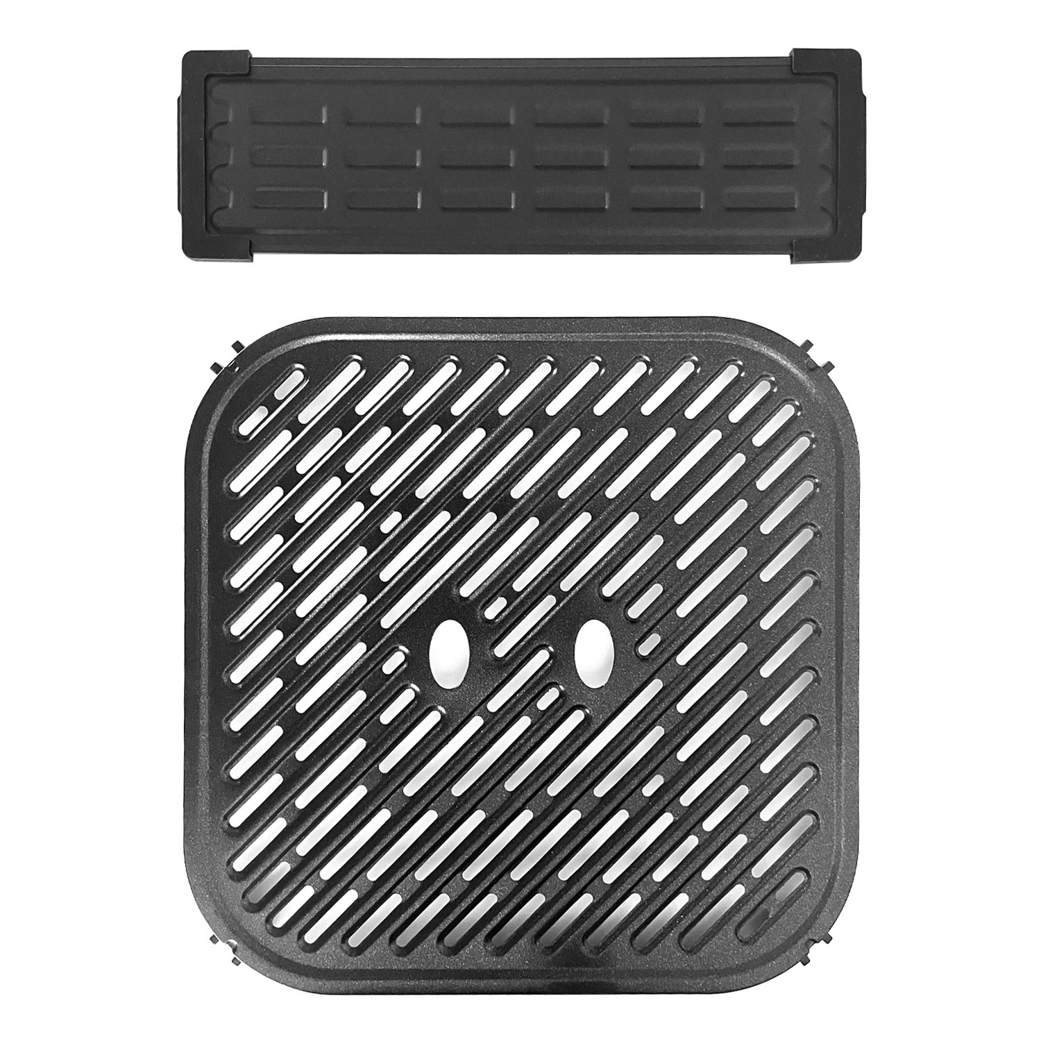 Schwarze Luftfritteusenteile auf weißem Hintergrund. Oben: rechteckiger Deckel mit Rippen. Unten: quadratischer Grill mit Schlitzen und Löchern.