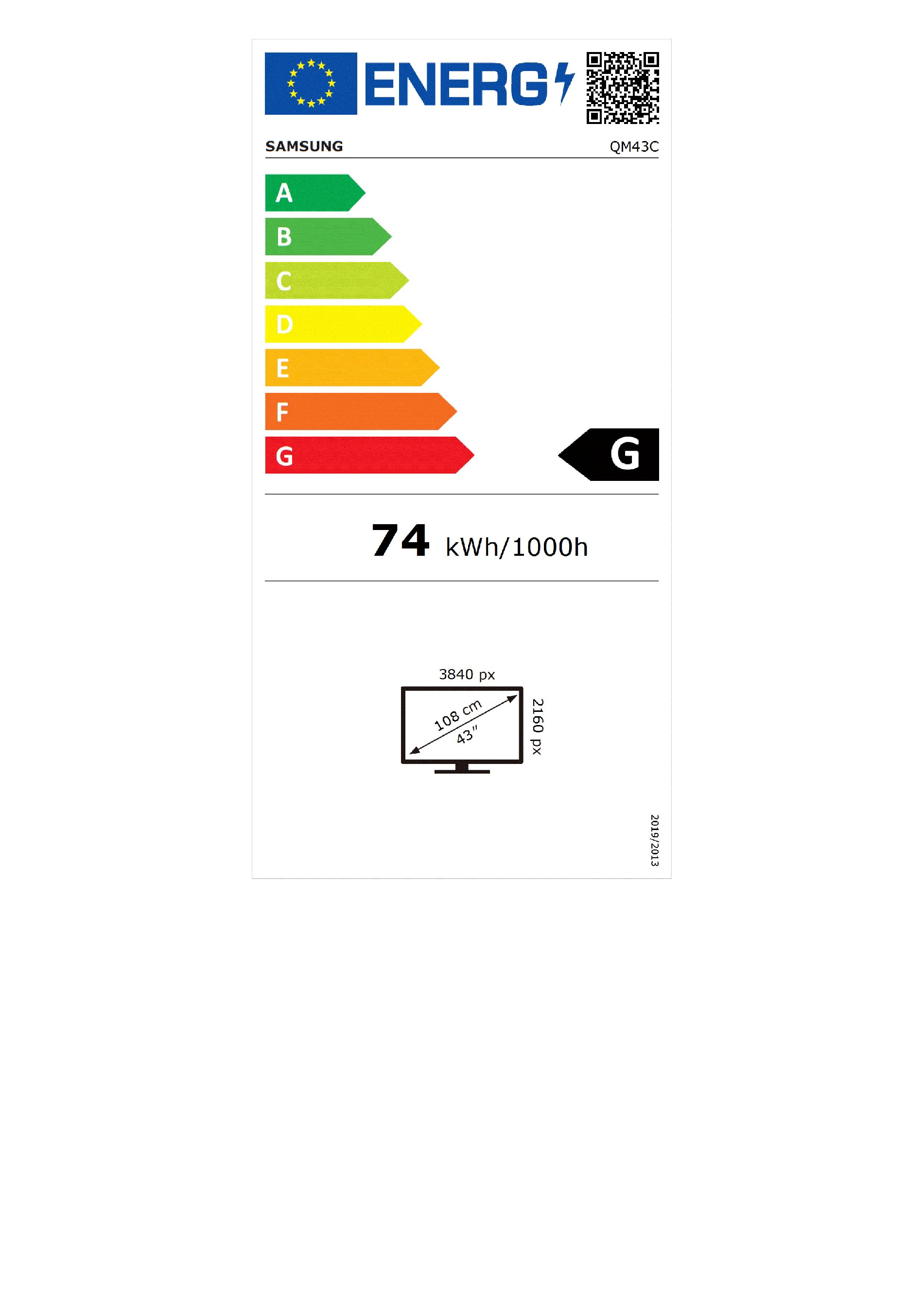 Un'etichetta energetica per un TV Samsung. Mostra classi di efficienza energetica, dettagli del modello e consumo energetico.