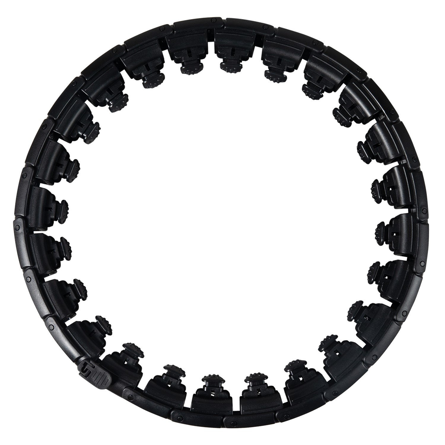 Ein schwarzer, gewichteter Hula-Hoop, der aus miteinander verbundenen Segmenten besteht. Der Reifen ist kreisförmig mit einem leeren weißen Zentrum.