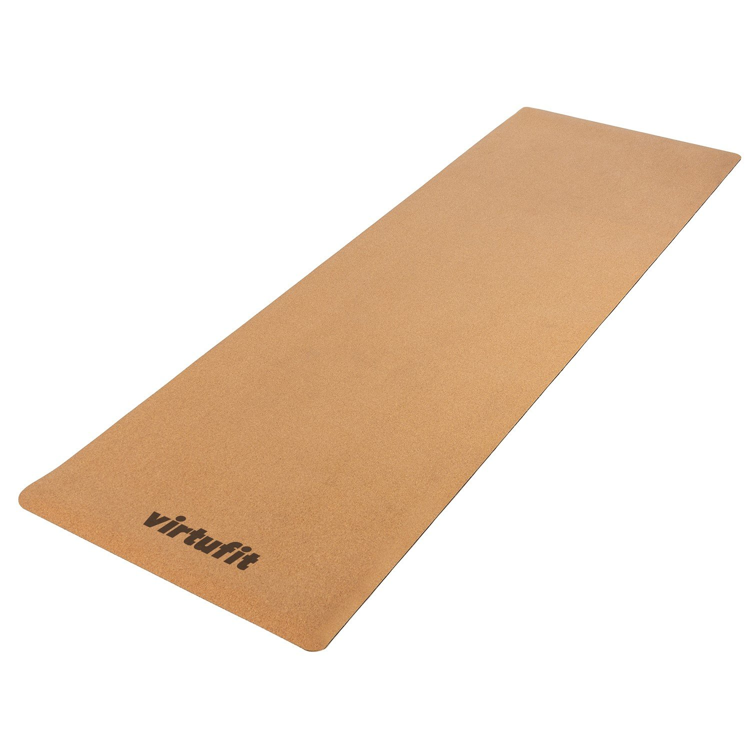 Eine rechteckige Yogamatte mit abgerundeten Ecken. Die Matte ist braun, mit schwarzem Aufdruck 'virtufit'. Sie liegt auf weißem Grund.