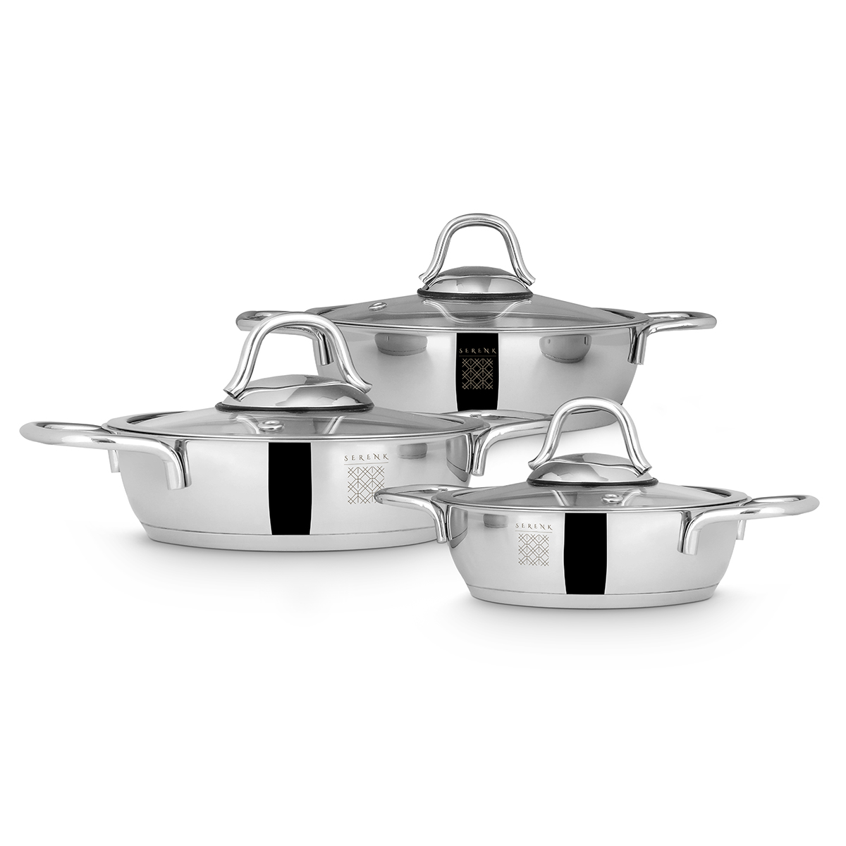 SERENK Definition 6 Parça Çelik Omlet Seti 18/10 Paslanmaz Çelik 14-16-18 cm Cam Kapaklı Sahan Tencere Seti