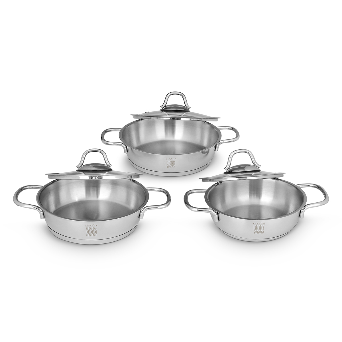 SERENK Definition 6 Parça Çelik Omlet Seti 18/10 Paslanmaz Çelik 14-16-18 cm Cam Kapaklı Sahan Tencere Seti