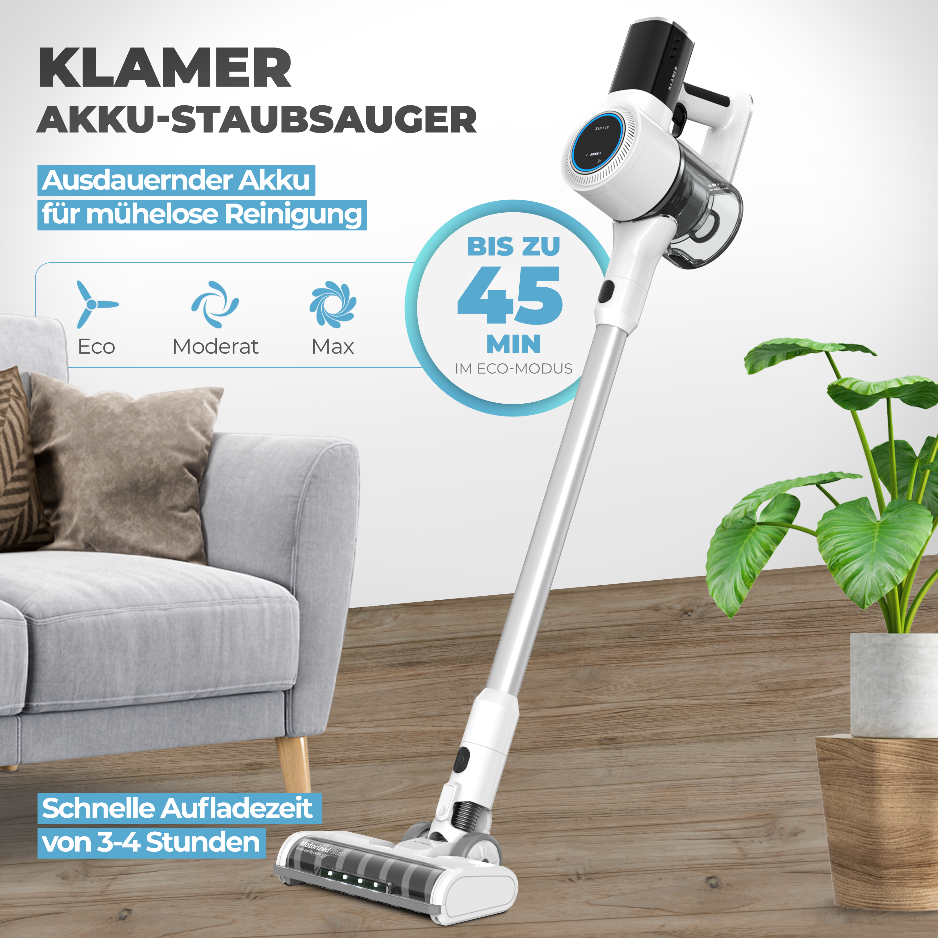 KLAMER Akku-Hand-und Stielstaubsauger 420 Watt Kabelloser, 2 Akkus, Flexibler Handstaubsauger mit verschied…, 420 W, beutellos, 25,2V Akku, LED Display & Frontlicht, Leichte Steuerung, 3 Aufsätze