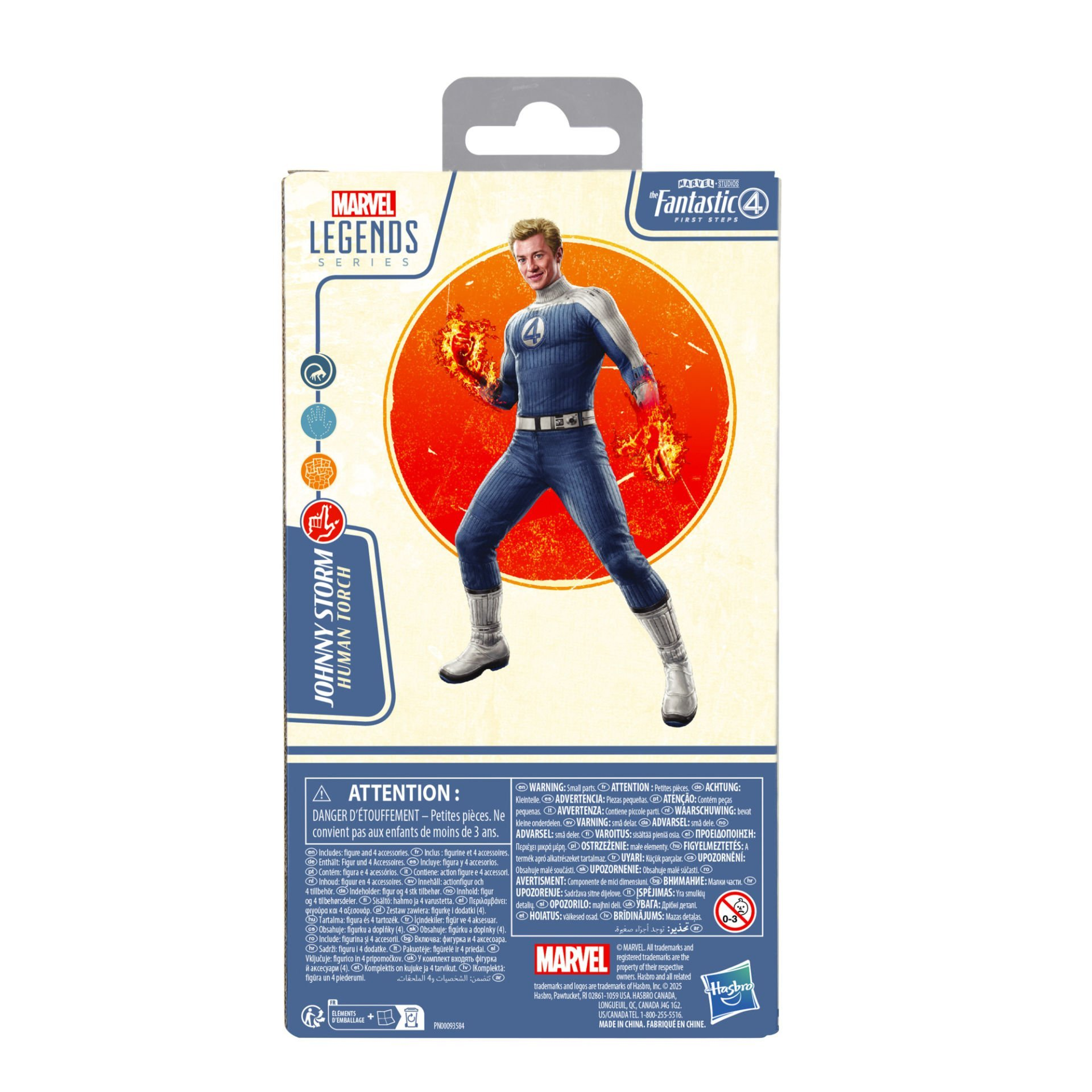 Ilustración de caja de la figura Marvel Legends Human Torch. Muestra al personaje con llamas.