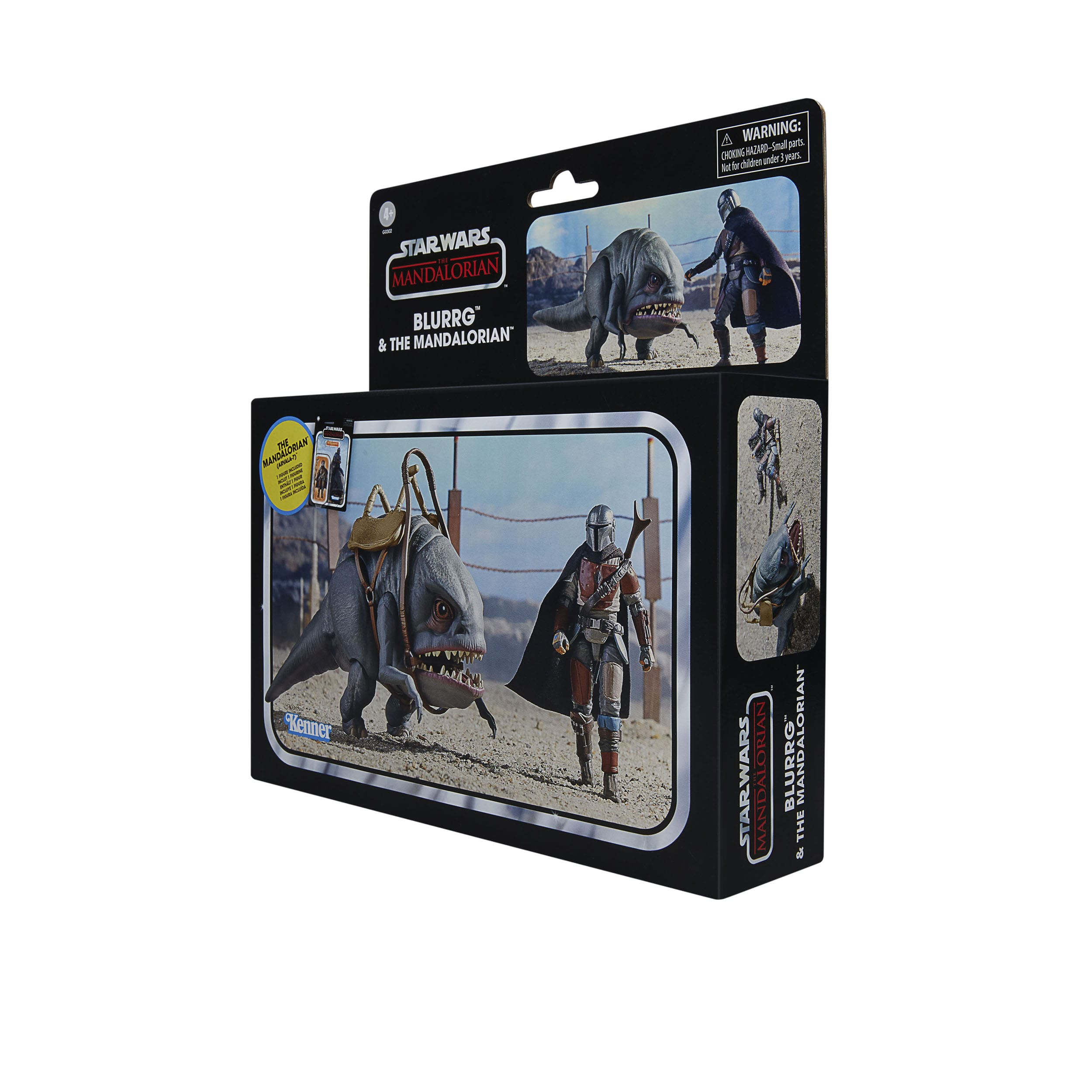 Verpackungsdesign für Star Wars Mandalorian Blurrg Spielzeug. Enthält Mandalorianer, Blurrg und Boxdetails.