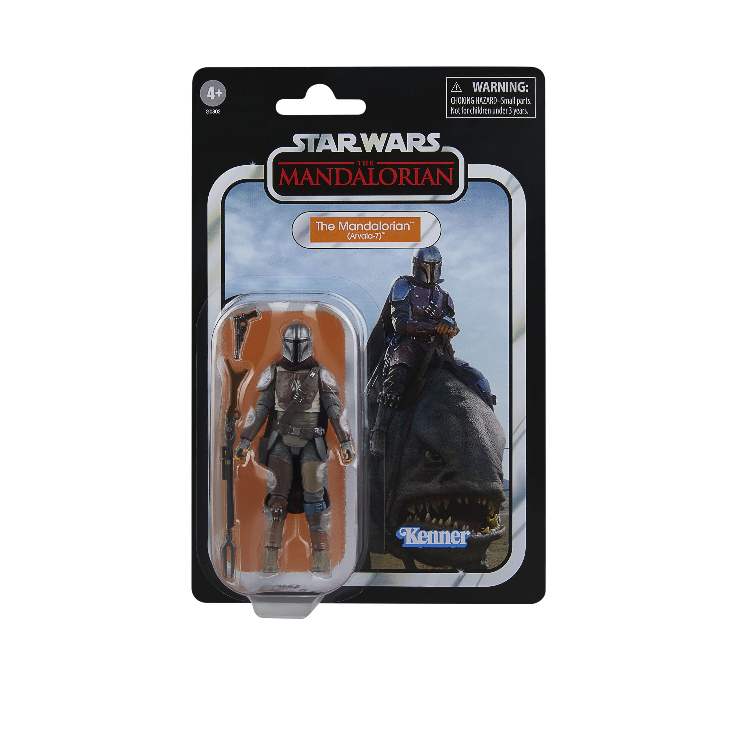 Verpackung der Mandalorian-Actionfigur. Sie zeigt die Figur, ein Hintergrundbild des Mandalorianers auf einem Geschöpf und Logos.