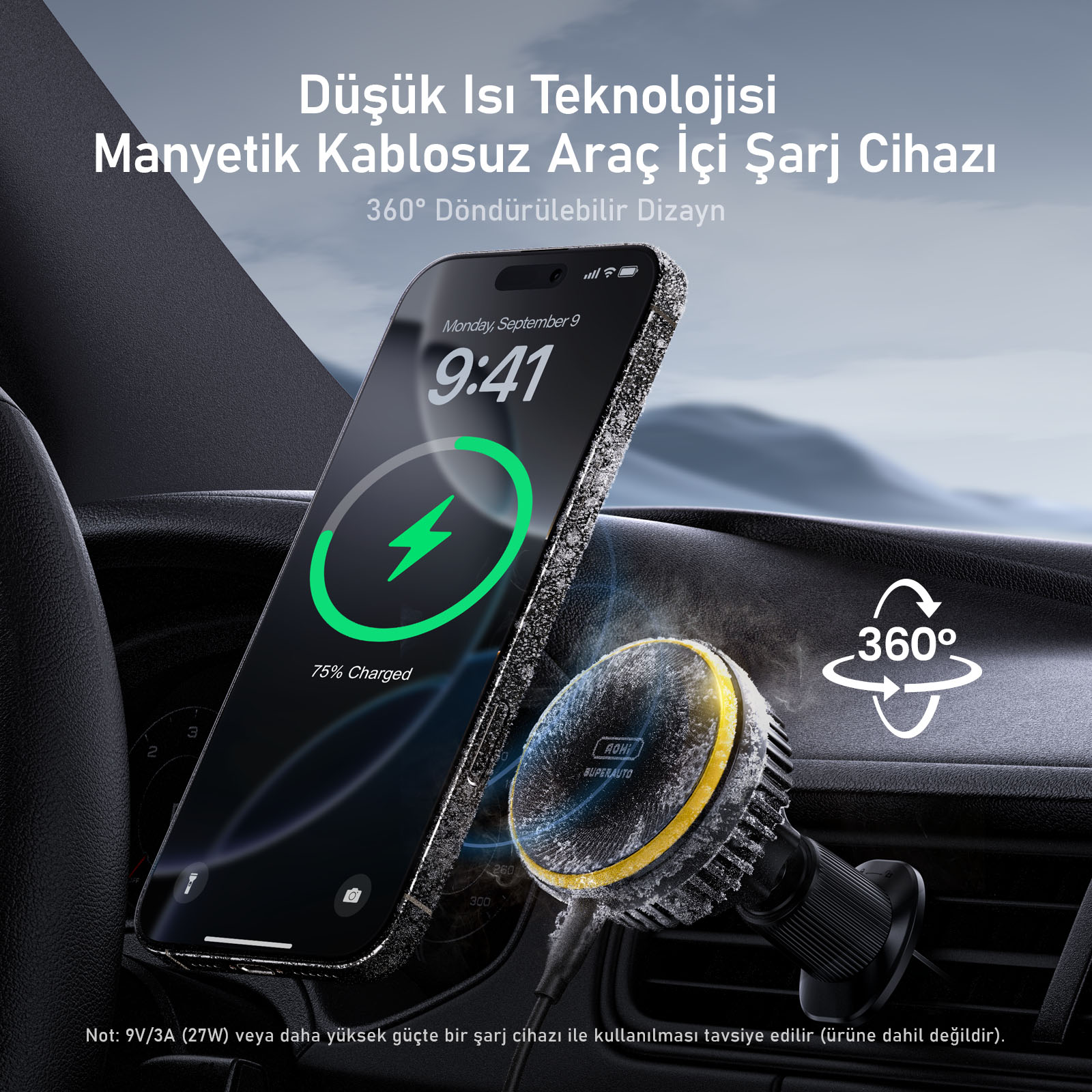Araba içinde telefon şarj oluyor. Şarj cihazı ve 360 derece dönebilen tasarımla %75 şarj olduğunu gösterir.
