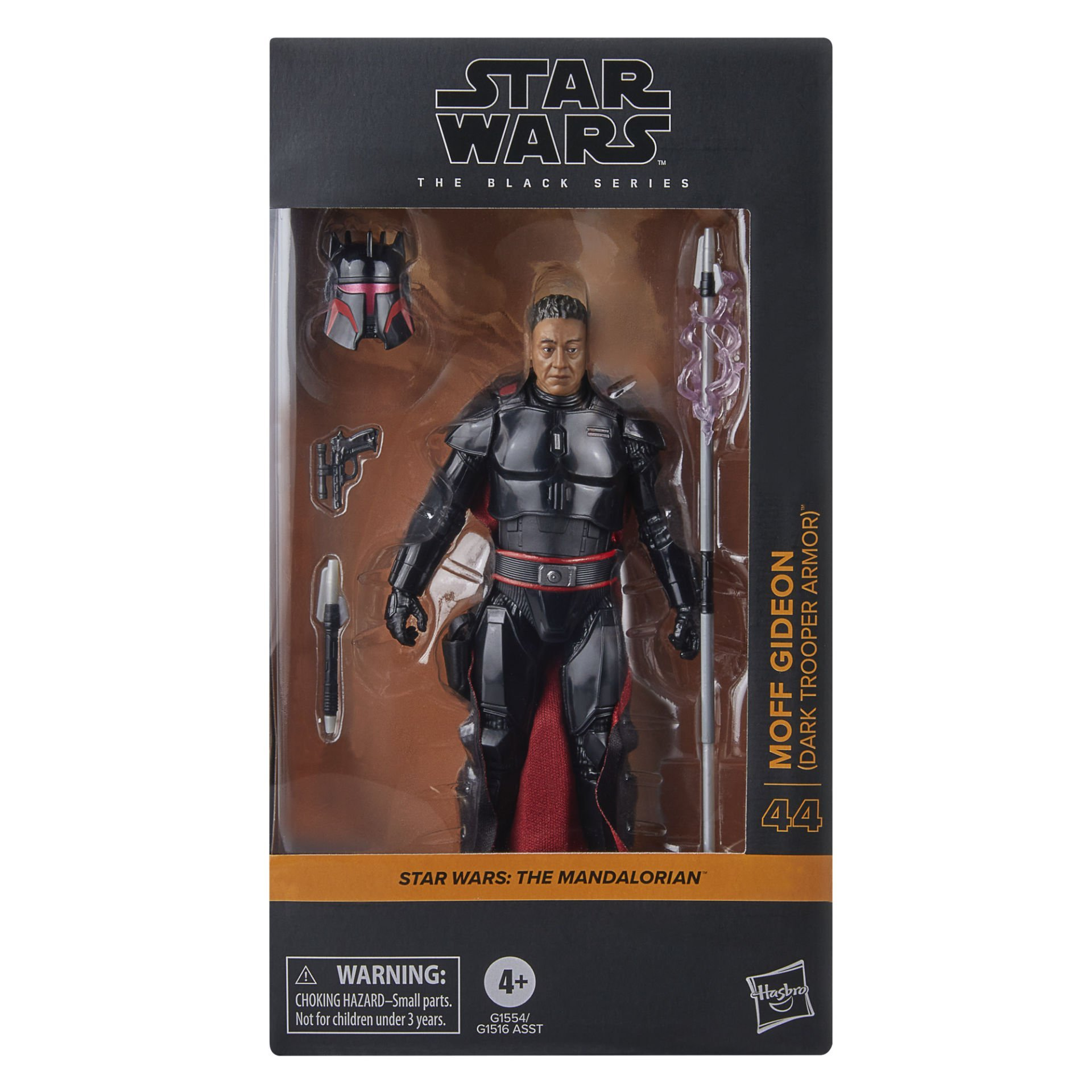 Siyah zırhlı Moff Gideon aksiyon figürü. Kutu aksesuarlar içerir ve "Star Wars: The Mandalorian" olarak etiketlenmiştir.