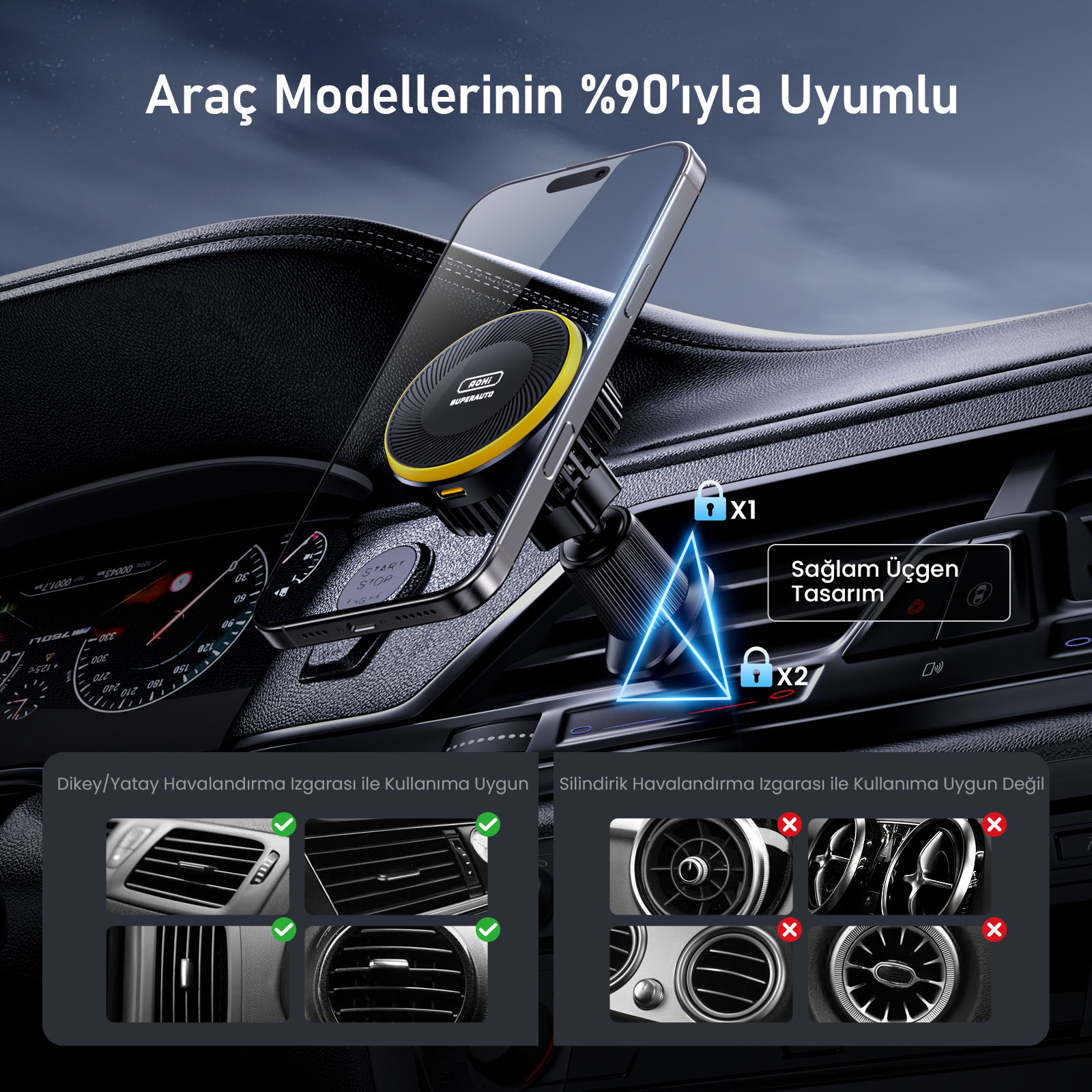 Bir telefon arabaya monte edilmiş. %90 araba modeliyle uyumluluğu gösterir. Montaj üçgen tasarıma sahiptir.