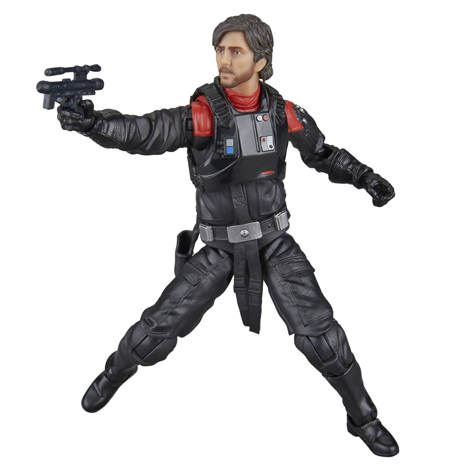 Star Wars figürü, siyah üniformalı adam, kırmızı detaylar, bir blaster tutuyor. Beyaz bir arka plan üzerinde aksiyon pozu veriyor.